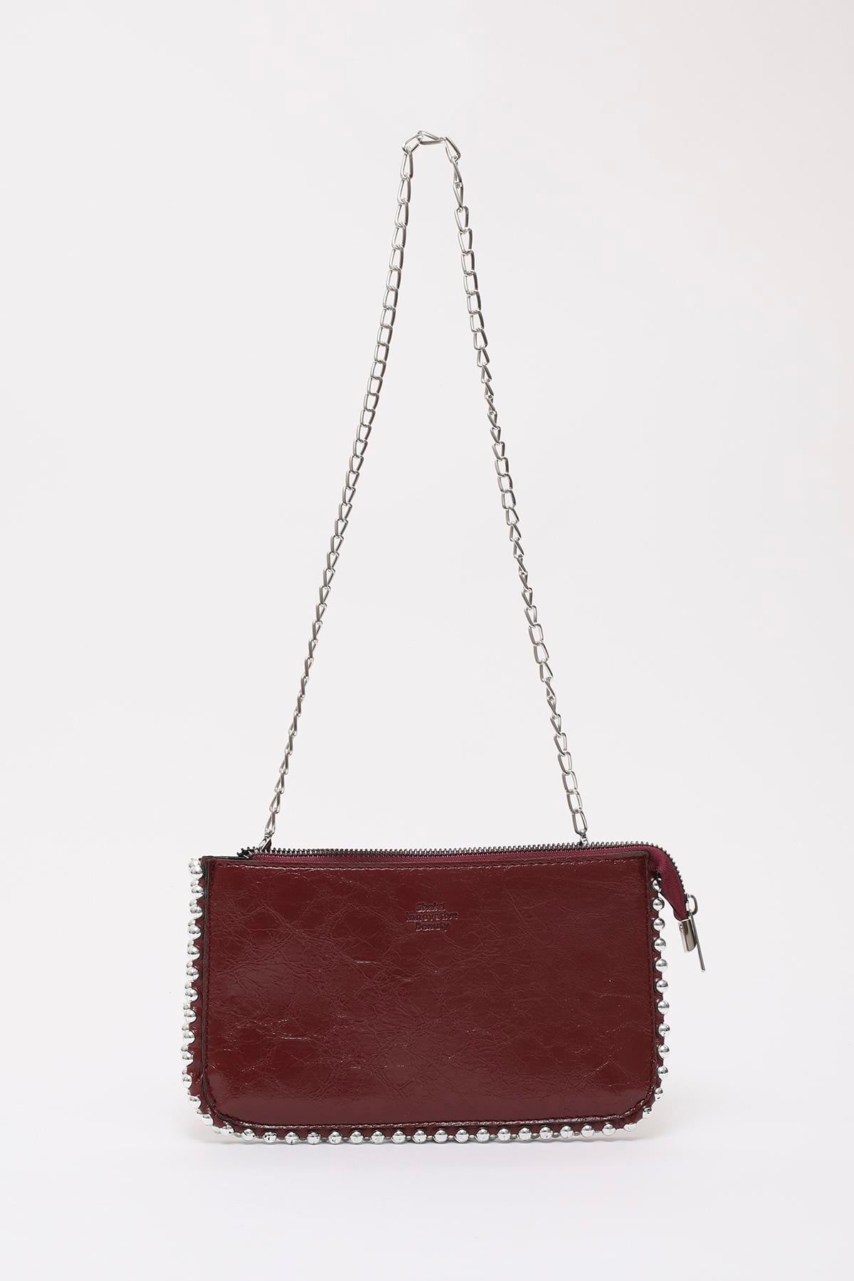 Bordo Shk182 Suni Deri 3 Bölmeli Boncuk Detaylı Fermuarlı Zincir Askılı El, Kol ve Omuz Çantası E:23 B:14 Cm