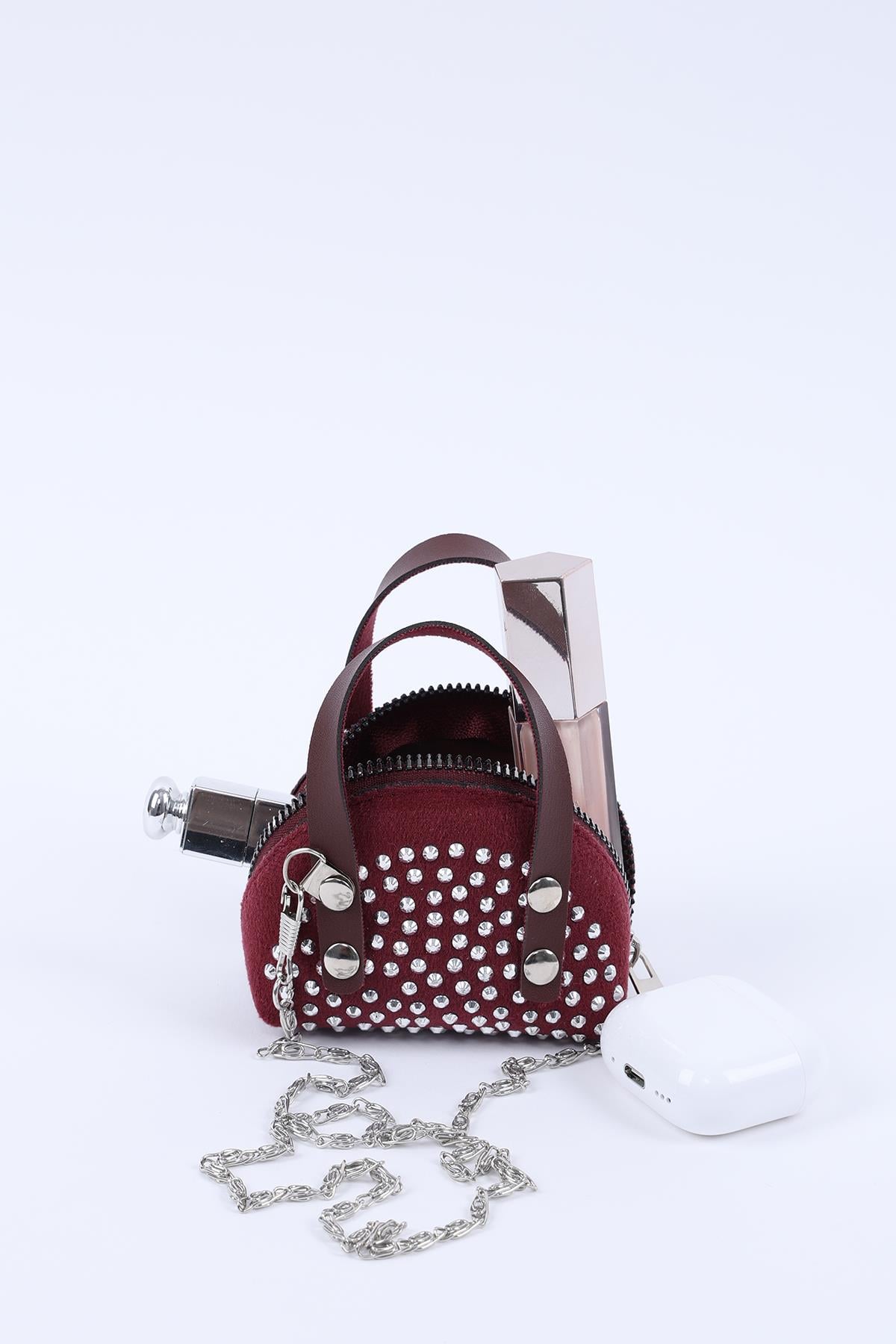 Bordo Shk220 Süet Kumaş, Tek Bölmeli, Zincir Askılı,Fermuarlı, Taşlı, Mini El Ve Omuz Çantası