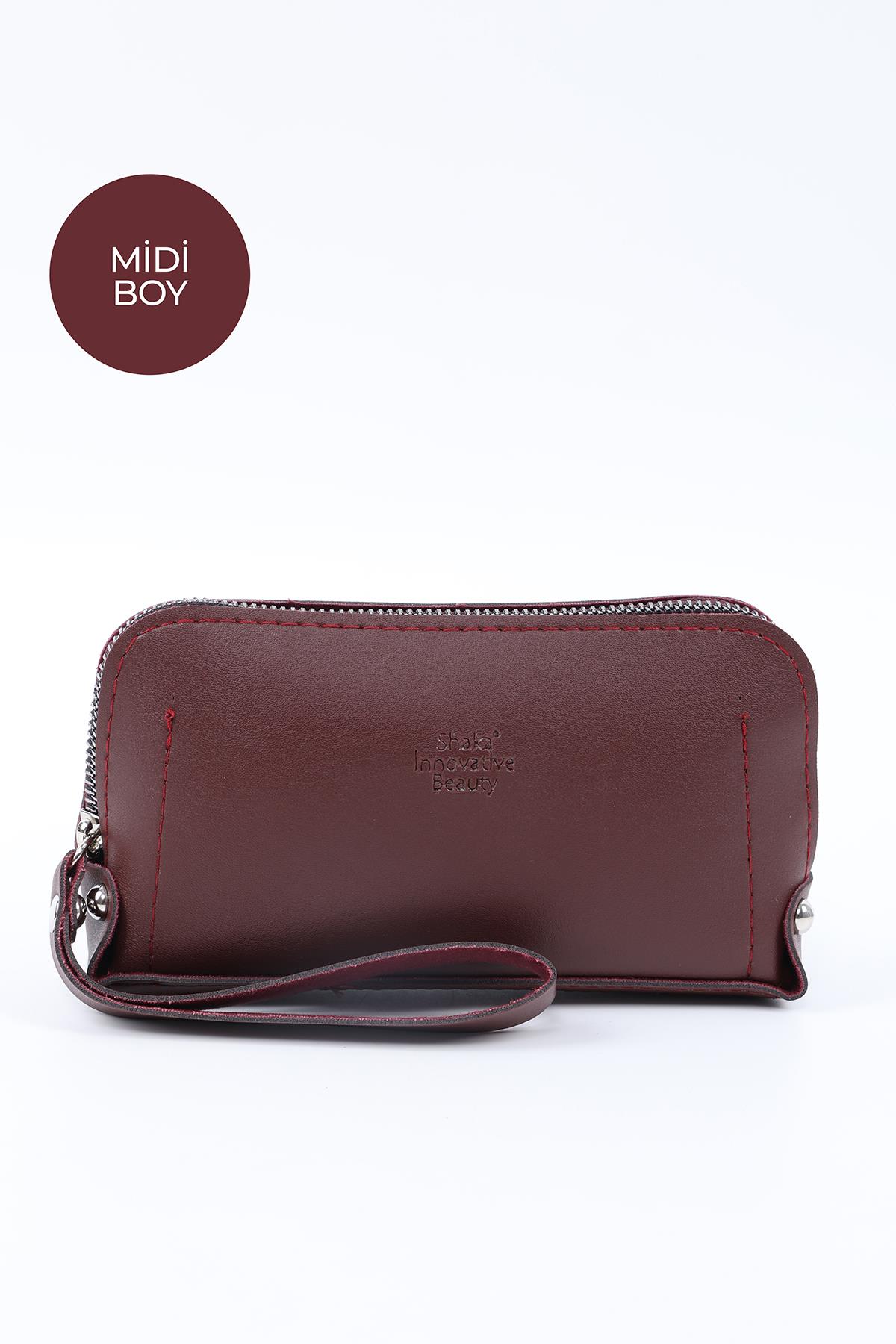 Bordo Shk222 Suni Deri, Fermuarlı , 4 Bölmeli , Askılı Cüzdan ve El Çantası