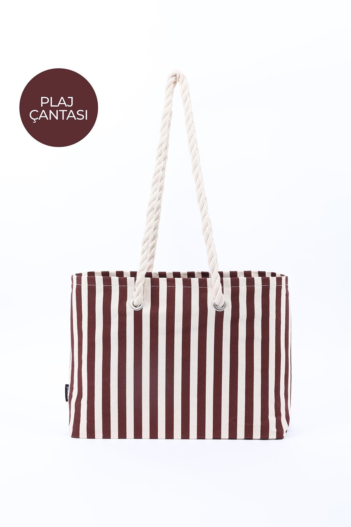 Bordo Shk234 Kanvas Kumaş Tek Bölmeli Çizgi Desenli Seyahat, Piknik ve Plaj Çantası