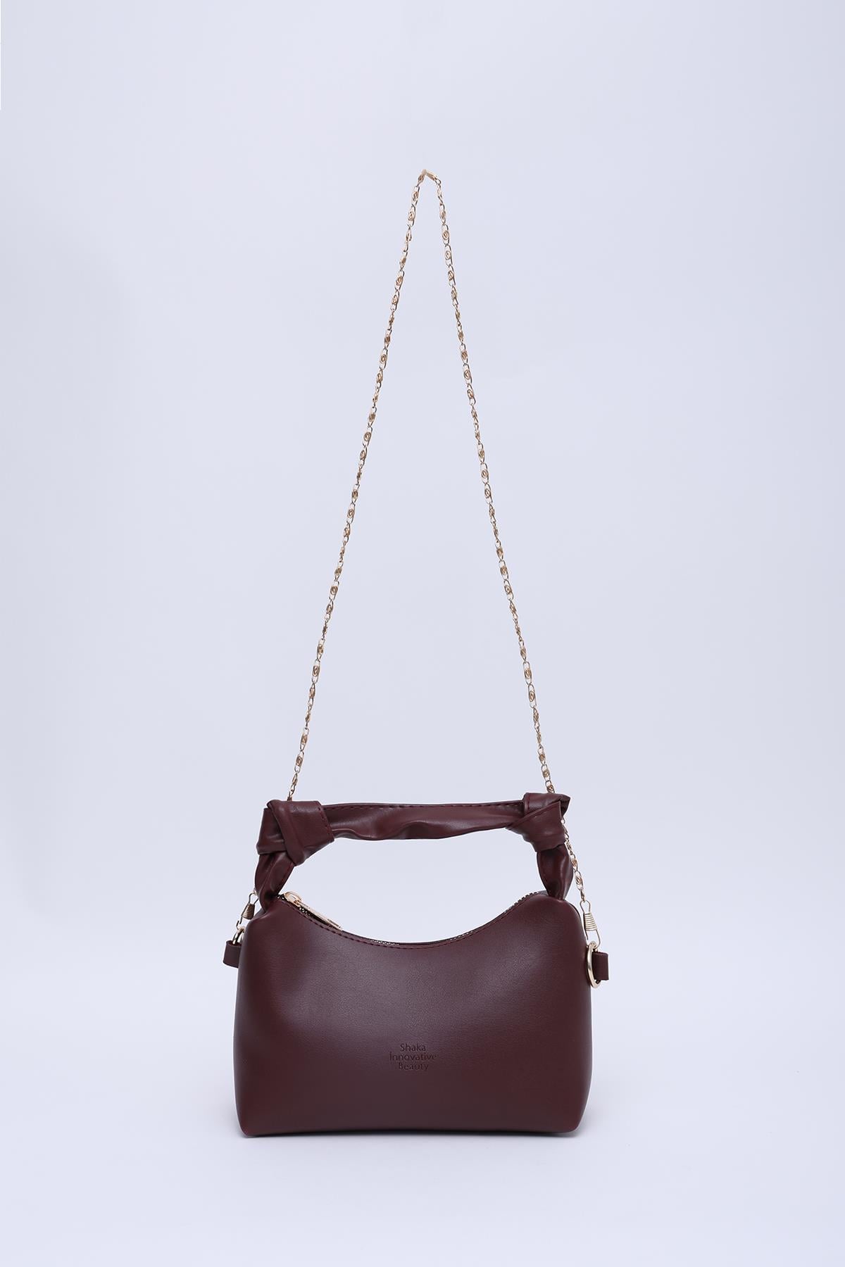 Bordo Shk24 Orjinal Soft Deri Düğüm Detaylı Zincir Askılı El ve Omuz Çantası U:14 E:22 G:8 cm