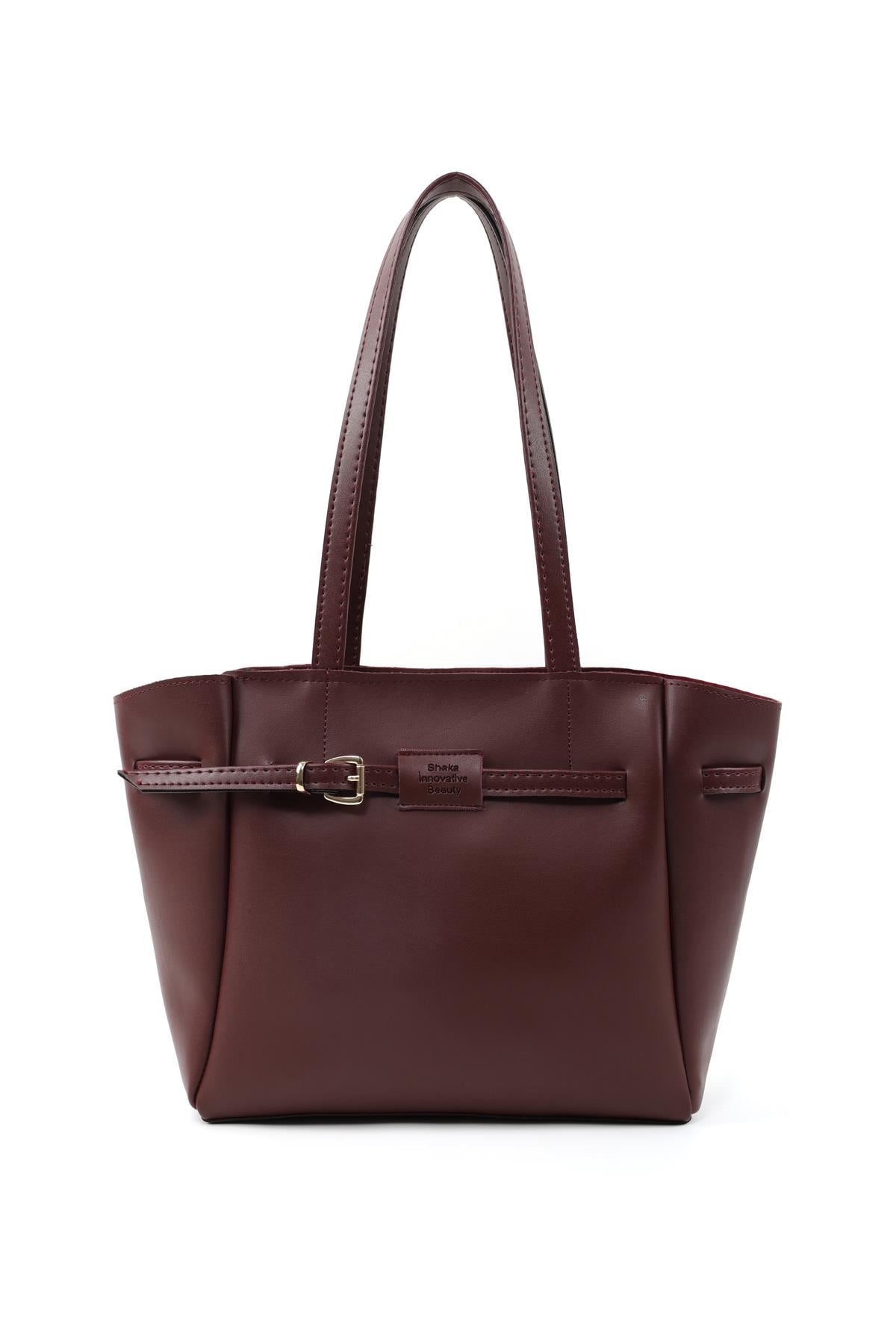 Bordo Shk265 Suni Deri ,Fermuarlı Tek Bölmeli, Kemer Detaylı El, Kol ve Omuz Çantası