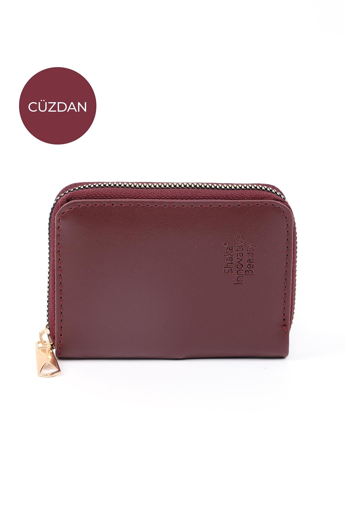 Bordo SHK63 Kartlıklı Bozuk Para Ve Kağıt Para Bölmeli Fermuarlı Şık Suni Deri Cüzdan