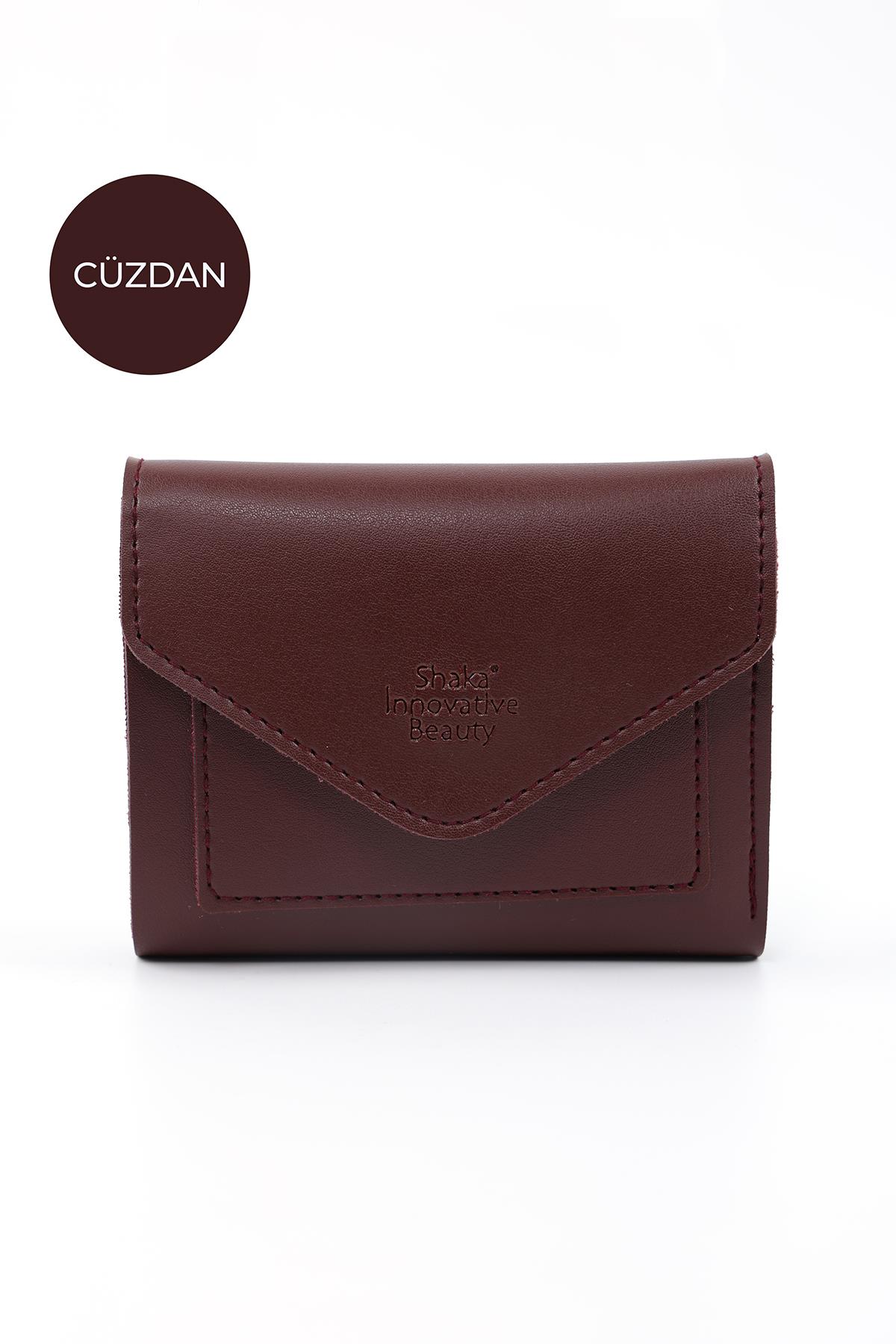 Bordo SHK67 Suni Deri Bozuk Ve Kağıt Para Bölmeli Çıtçıtlı Kartlıklı Zarf Model Cepli Cüzdan