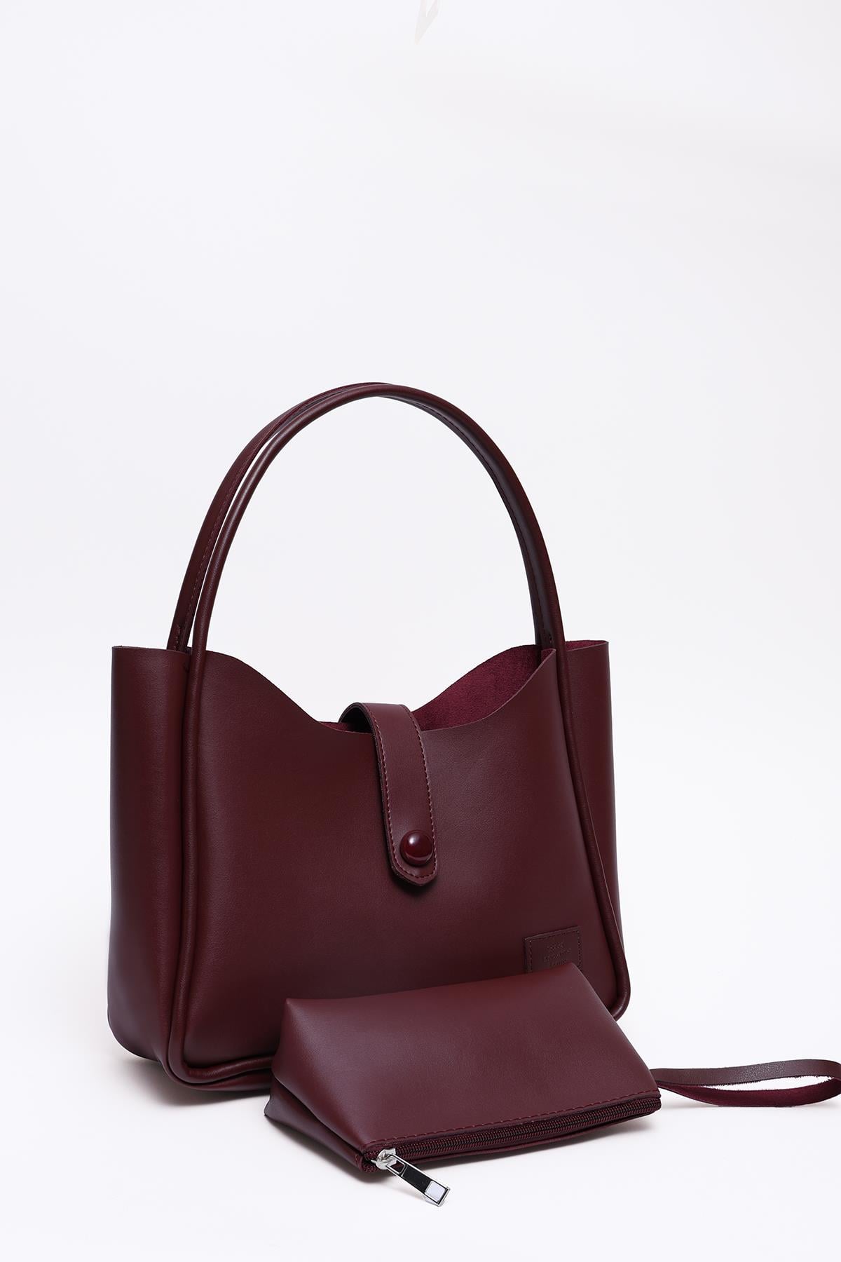Bordo Shk79 Deri Düğme Detaylı Çıtçıtlı Makyaj Çantalı Kol ve Omuz Çantası E:30 U:22 G:10