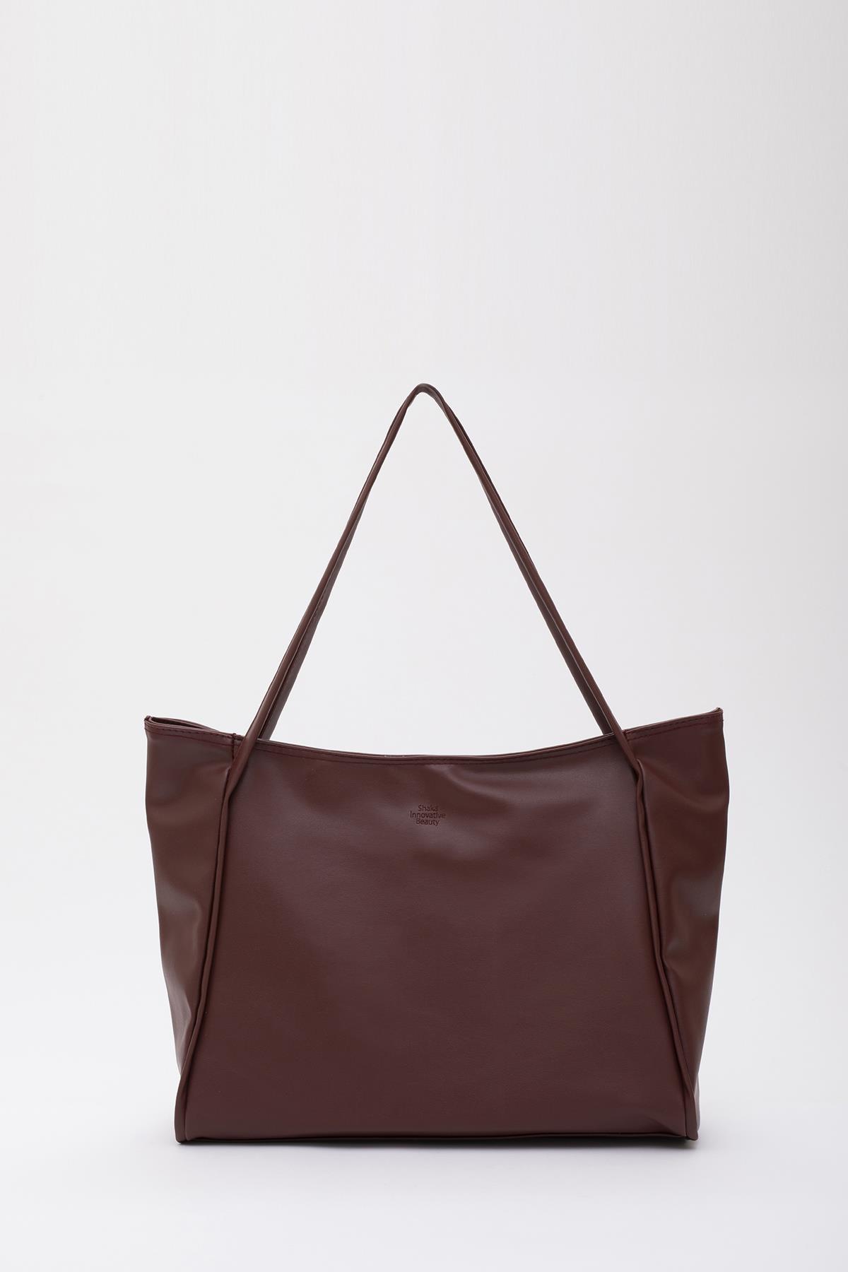 Bordo Shk90 Suni Deri İç Bölmeli Fermuarlı El, Kol Ve Omuz Shopper Çanta U:28 E:40 G:9