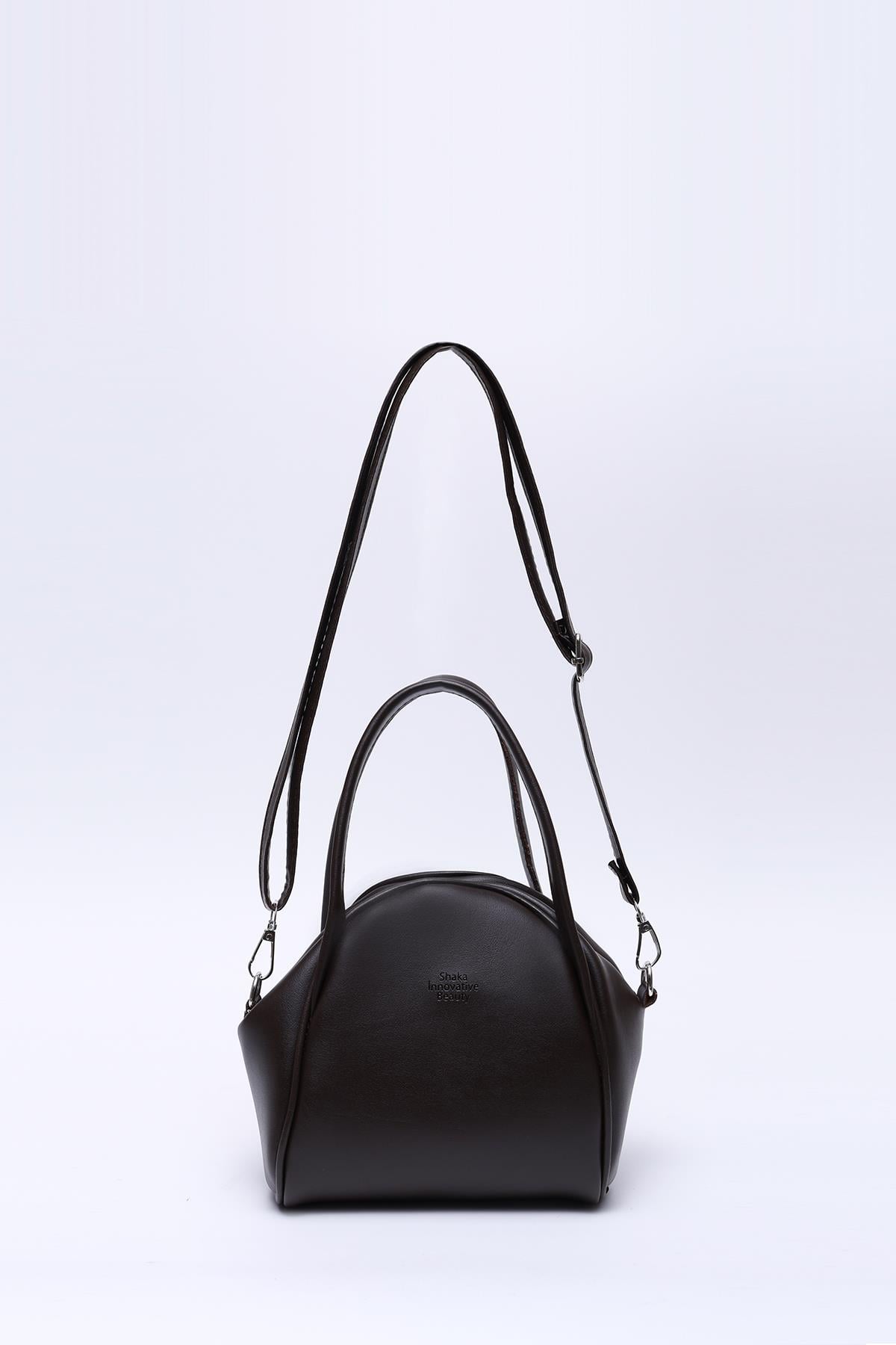 Kahve Rengi Shk132 Suni Deri Tek Bölmeli Çift Askılı El ve Çapraz Omuz Çantası U:16 E:17 G:10 cm