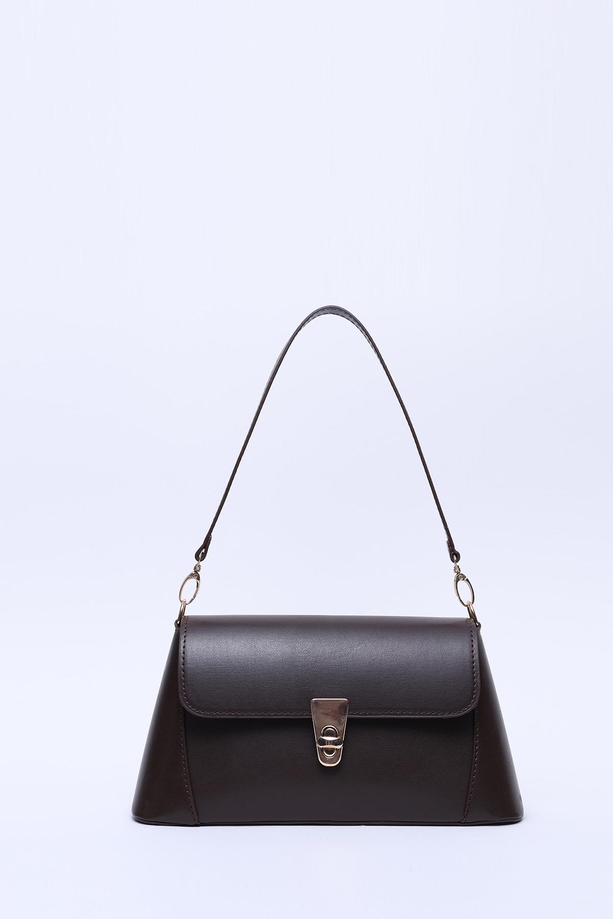Kahve Rengi Shk153 Suni Deri Kilit Detaylı Standart Askılı Tek Bölmeli El, Kol ve Omuz Çantası U:15 E:29 G:9 cm