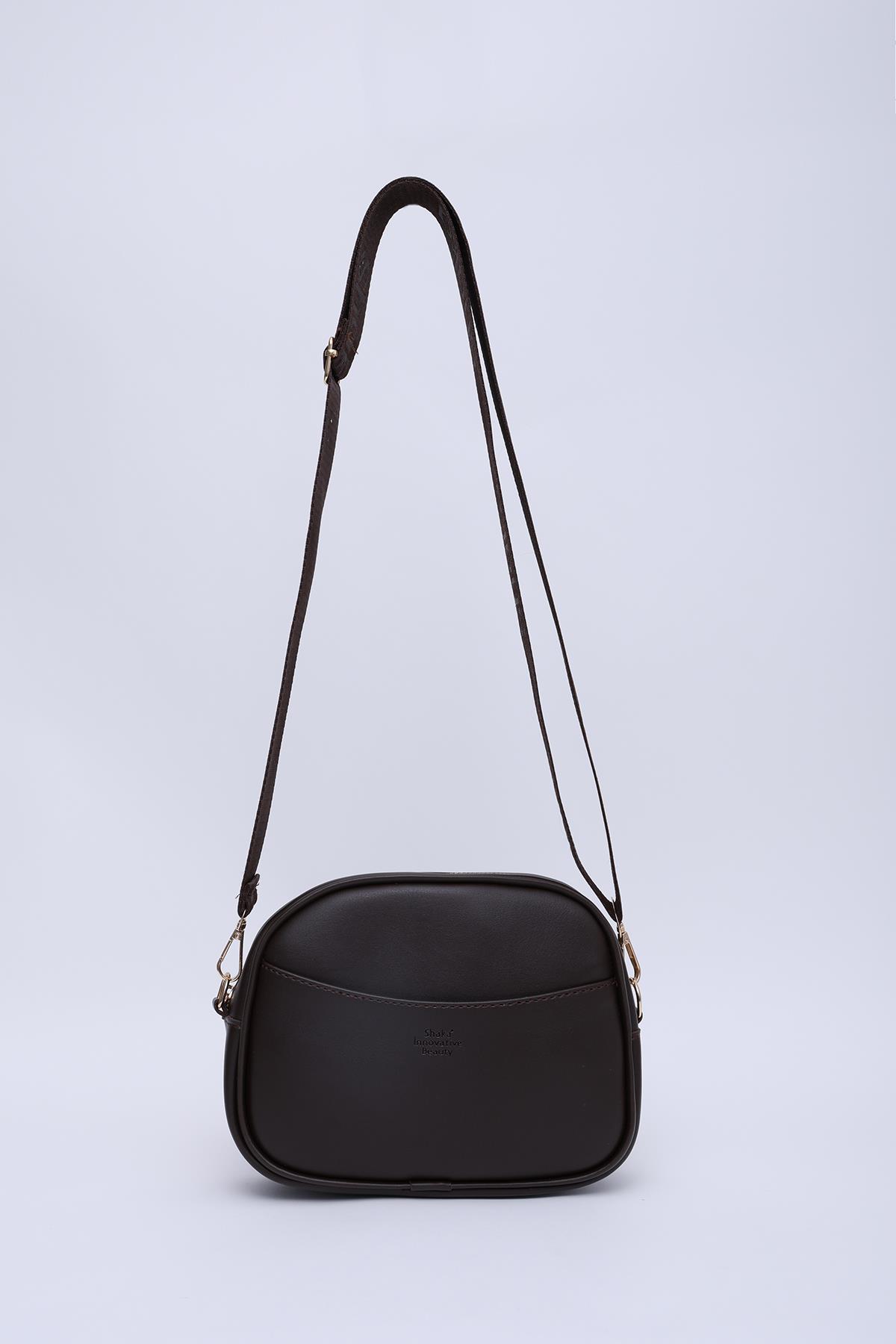 Kahve Rengi SHK194 Suni Deri 2 Bölmeli Fermuarlı Ayarlanabilir Kolon Askılı Omuz Çantası U:16 E:21 G:6 cm
