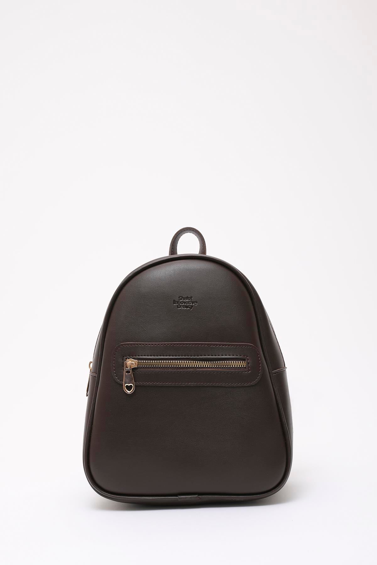 Kahve Rengi Shk200 Suni Deri 2 Bölmeli Fermuarlı Yazılı Kolon Askılı Sırt Çantası U:26 E:22 G:9 cm