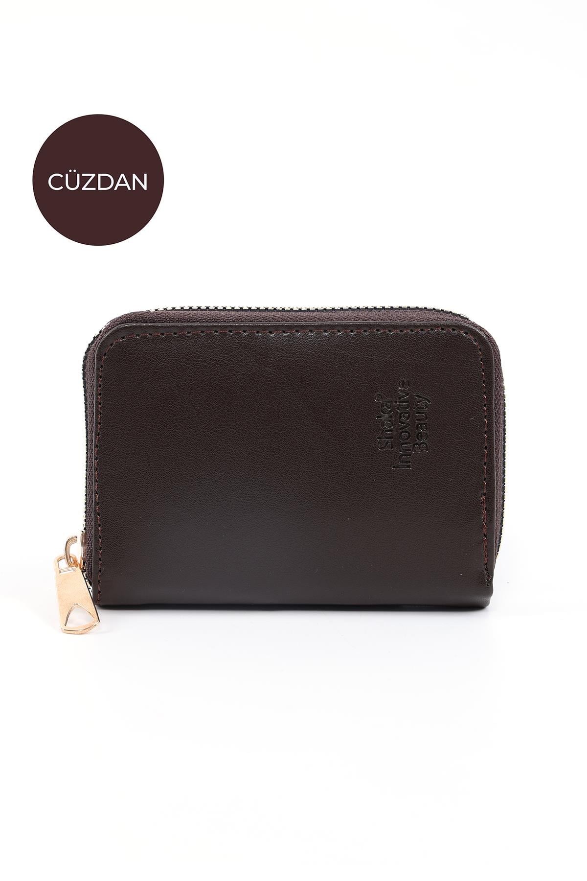 Kahve Rengi SHK63 Kartlıklı Bozuk Para Ve Kağıt Para Bölmeli Fermuarlı Şık Suni Deri Cüzdan