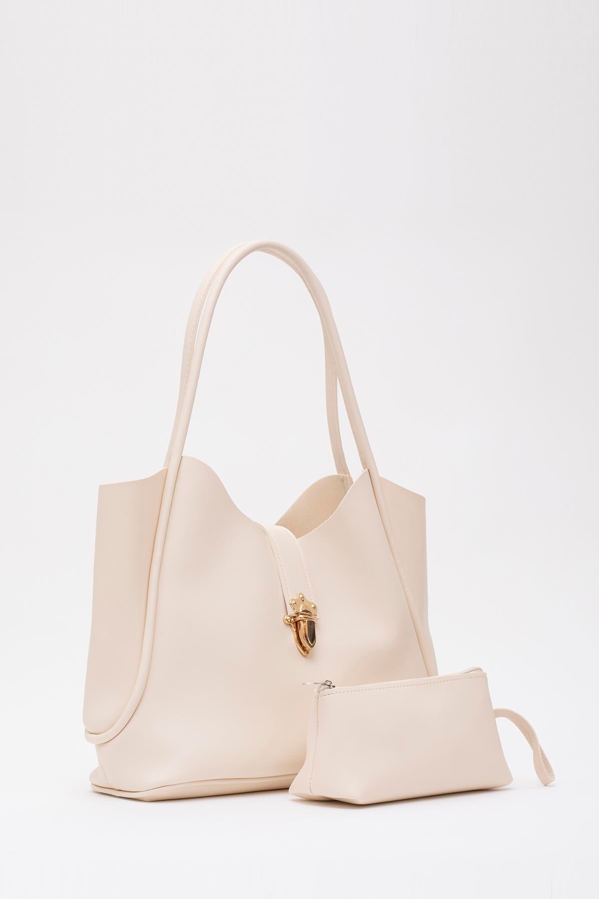Krem Shk126 Suni Deri Kilit Detaylı Makyaj Çantalı El,Kol ve Omuz Çantası U:27 E:37 G:12 cm