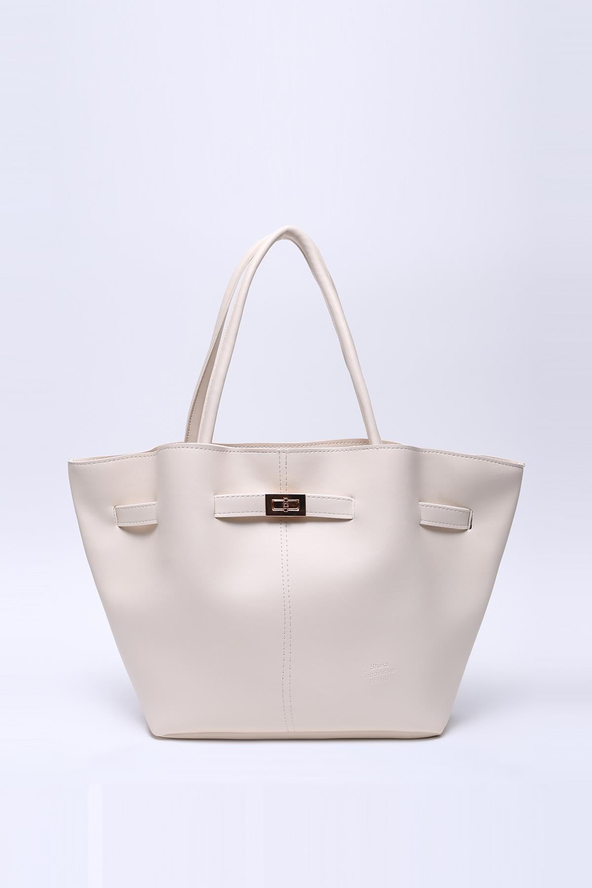 Krem Shk159 Suni Deri, Astarlı, Çıtçıtlı, Kilit Detaylı El, Kol ve Omuz Çantası U:25 E:40 G:10 cm