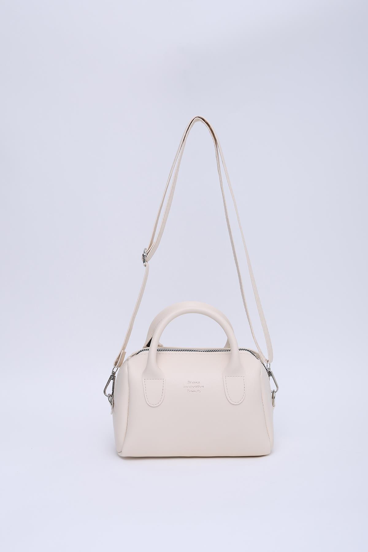 Krem Shk184 Suni Deri Tek Bölmeli Fermuarlı Ayarlanabilir Askılı El, Kol ve Omuz Çantası E:20 U:12 G:10 cm
