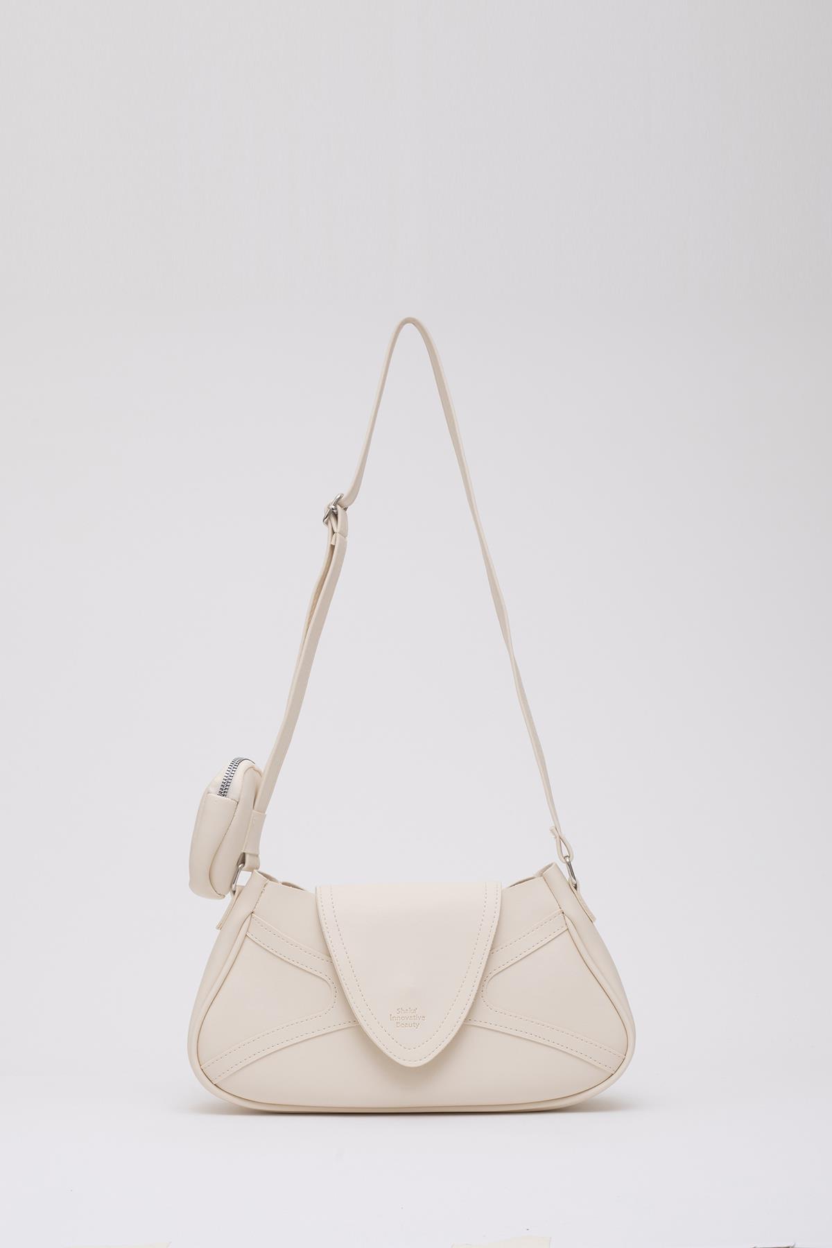 Krem Shk96 Suni Deri Tek Bölmeli Cüzdanlı Kol ve Omuz Çantası U:18 E:32 G:8 cm