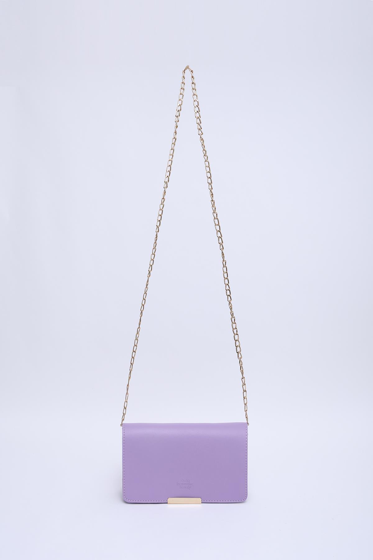 Lila SHK186 Suni Deri Tek Bölmeli Çıtçıtlı  Zincir Askılı El , Kol ve Omuz Çantası E:19 U:10 G:4 cm