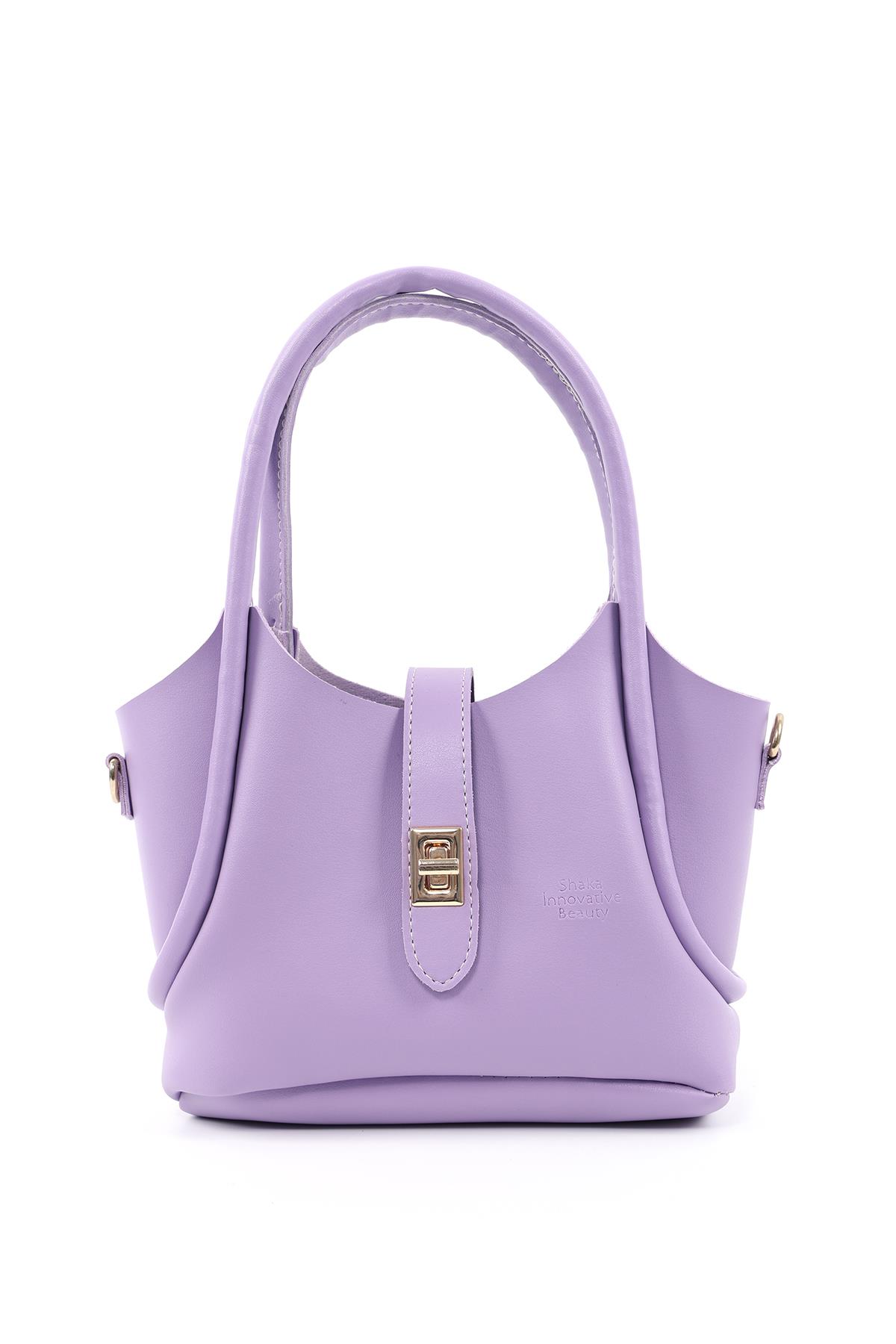 Lila Shk187 Suni Deri Kilit Detaylı Ayarlabilir Askılı El,Kol ve Omuz Çantası U:14 E:20 G:7 cm