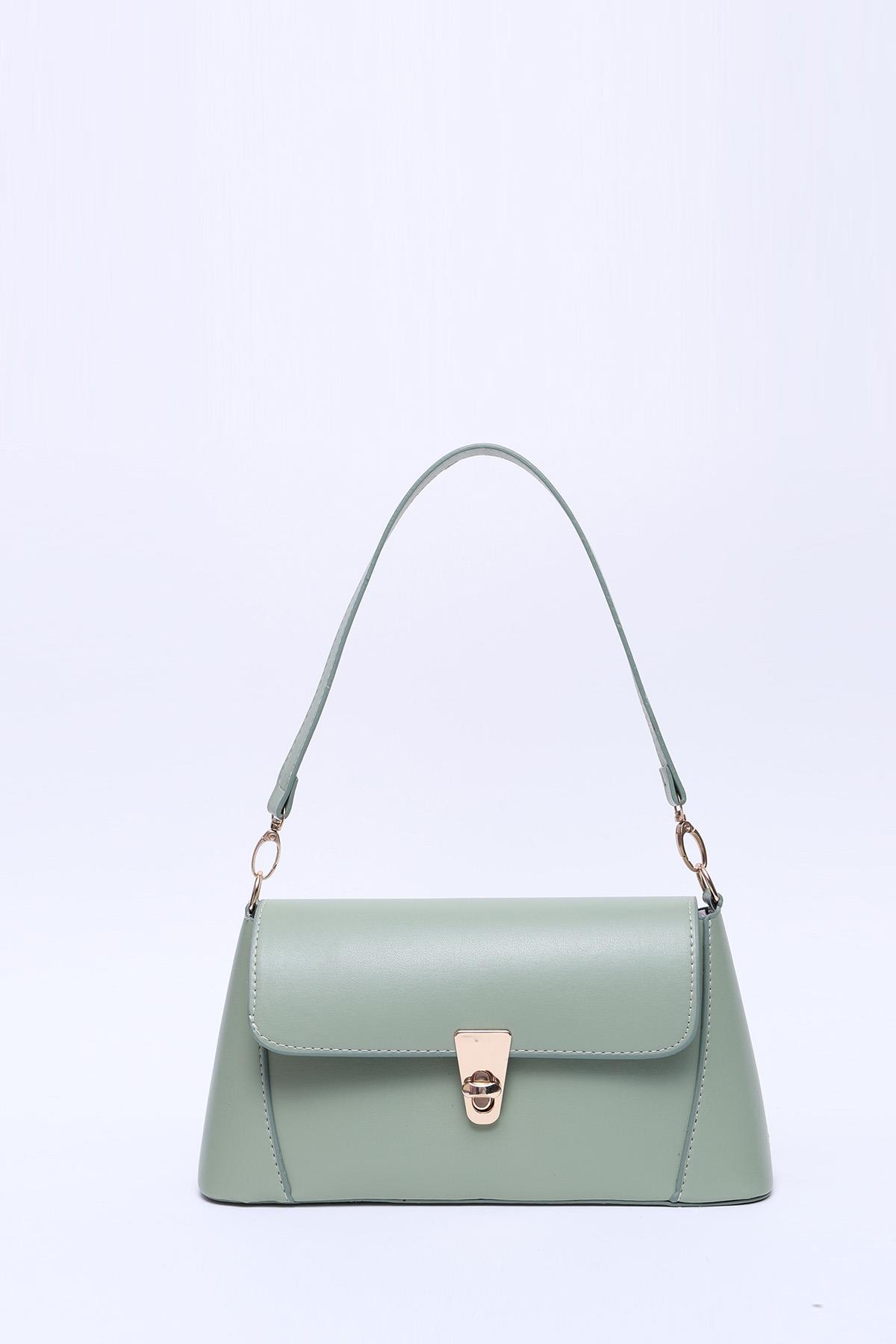 Mint Yeşil Shk153 Suni Deri Kilit Detaylı Standart Askılı Tek Bölmeli El, Kol ve Omuz Çantası U:15 E:29 G:9 cm