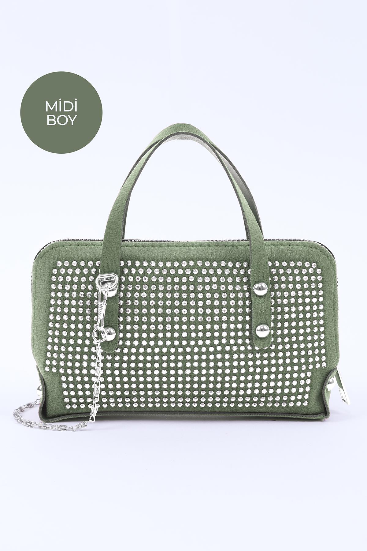 Mint Yeşil Shk223 Süet Kumaş Taşlı Mini Boy Fermuarlı Tek Bölmeli Zincirli El. Kol ve Omuz Çantası