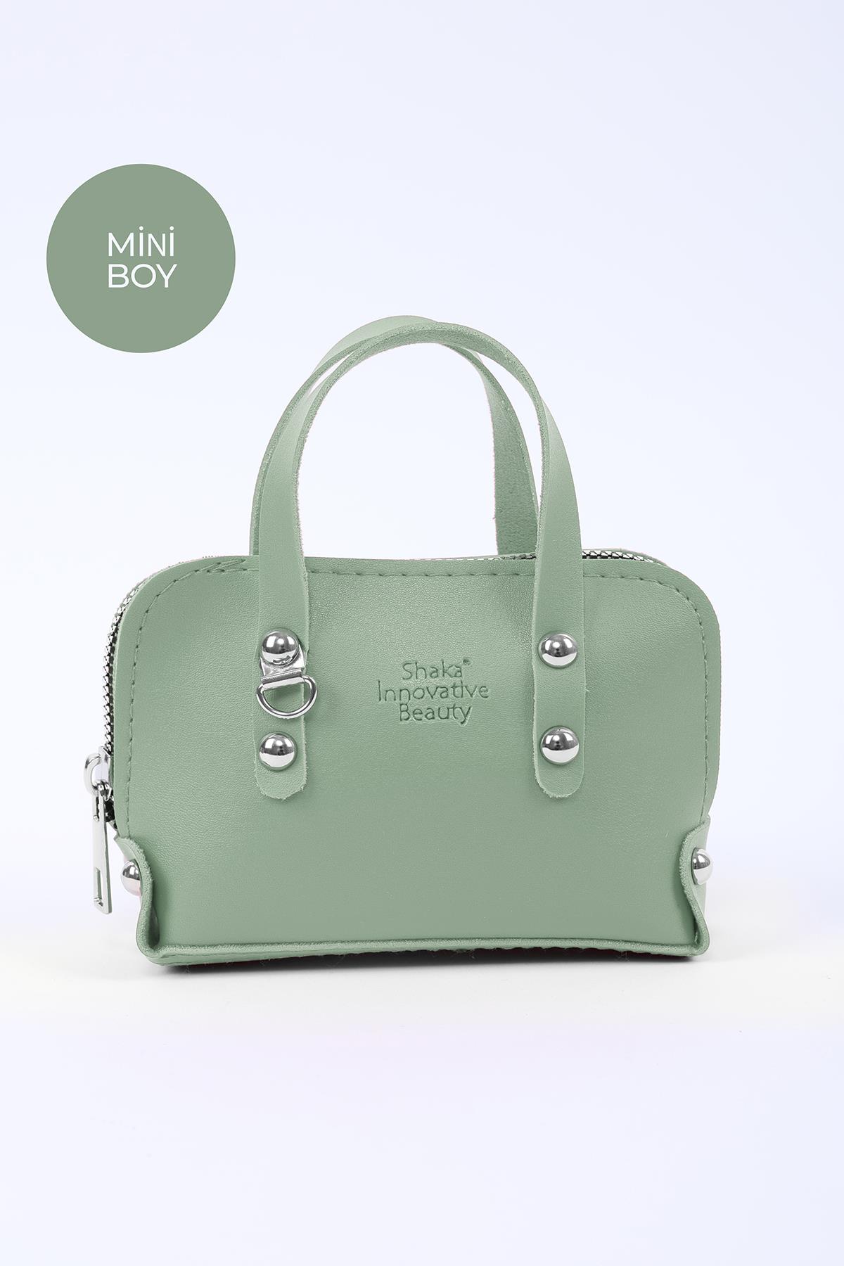 Mint Yeşil Shk224 Suni Deri Mini Boy Fermuarlı Tek Bölmeli Zincirli El. Kol ve Omuz Çantası