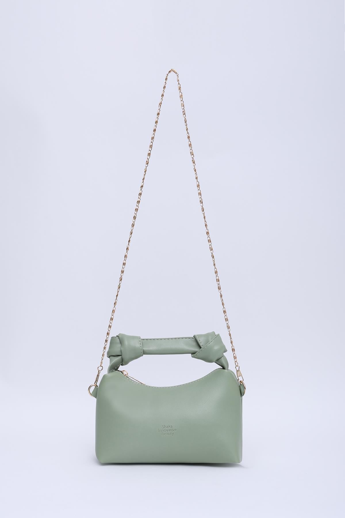 Mint Yeşil Shk24 Orjinal Soft Deri Düğüm Detaylı Zincir Askılı El ve Omuz Çantası U:14 E:22 G:8 cm