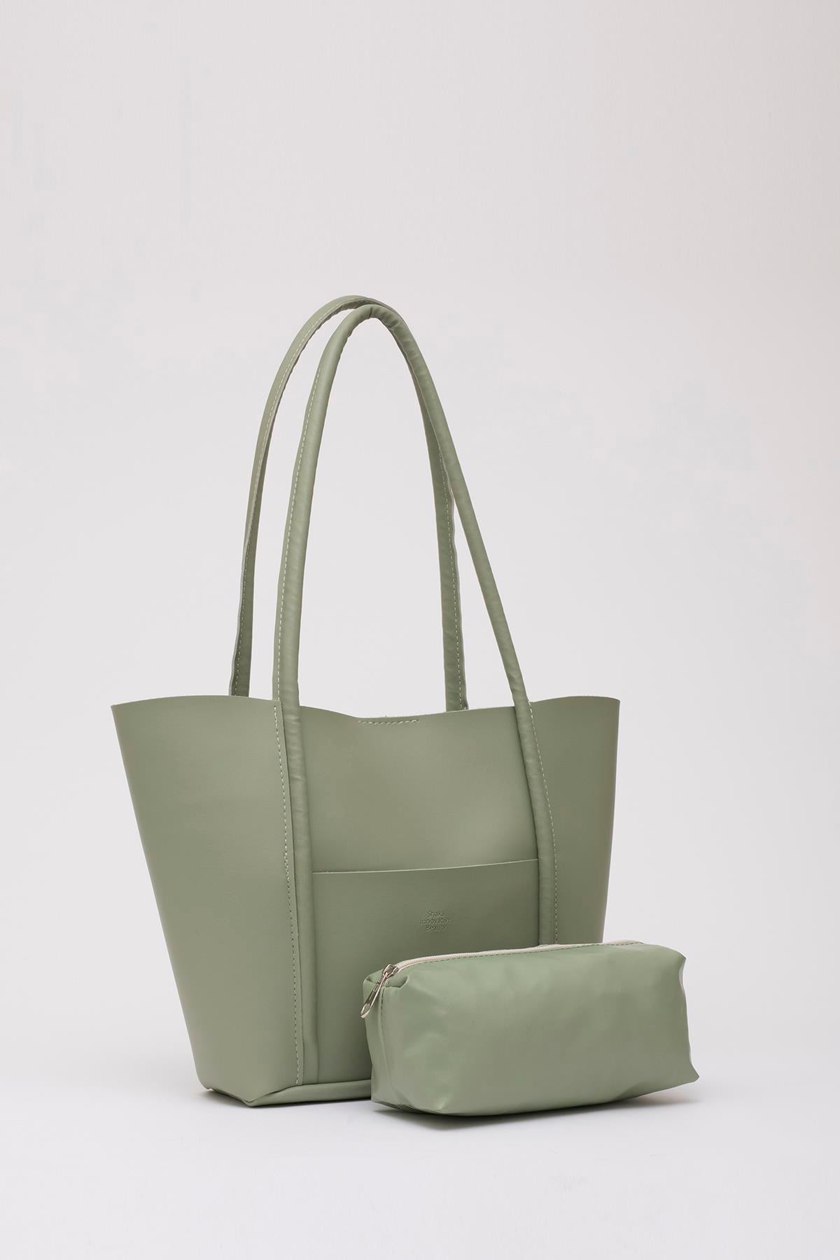 Mint Yeşil Shk80 Önü Cepli Çıtçıtlı Makyaj Çantalı Suni Deri Büyük Boy Kol ve Omuz Çantası U:26 E:40 G:8 cm