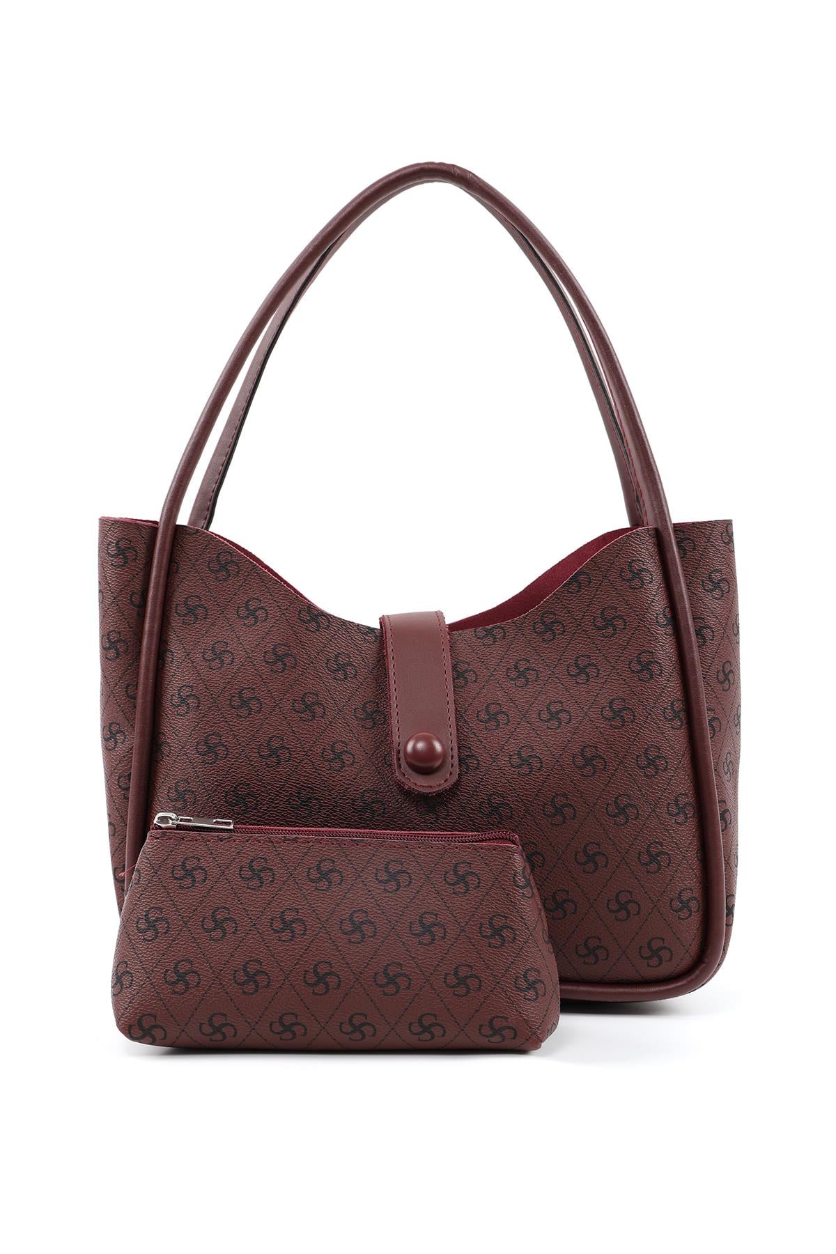 Monogram Baskılı Bordo Shk79 Deri Düğme Detaylı Çıtçıtlı Makyaj Çantalı Kol ve Omuz Çantası E:30 U:22 G:10