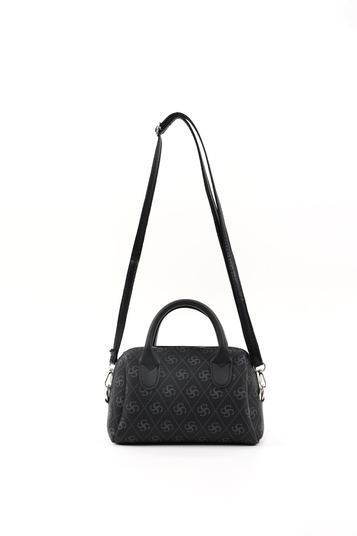 Monogram Baskılı Siyah Shk184 Suni Deri Tek Bölmeli Fermuarlı Ayarlanabilir Askılı El, Kol ve Omuz Çantası E:20 U:12 G:10 cm