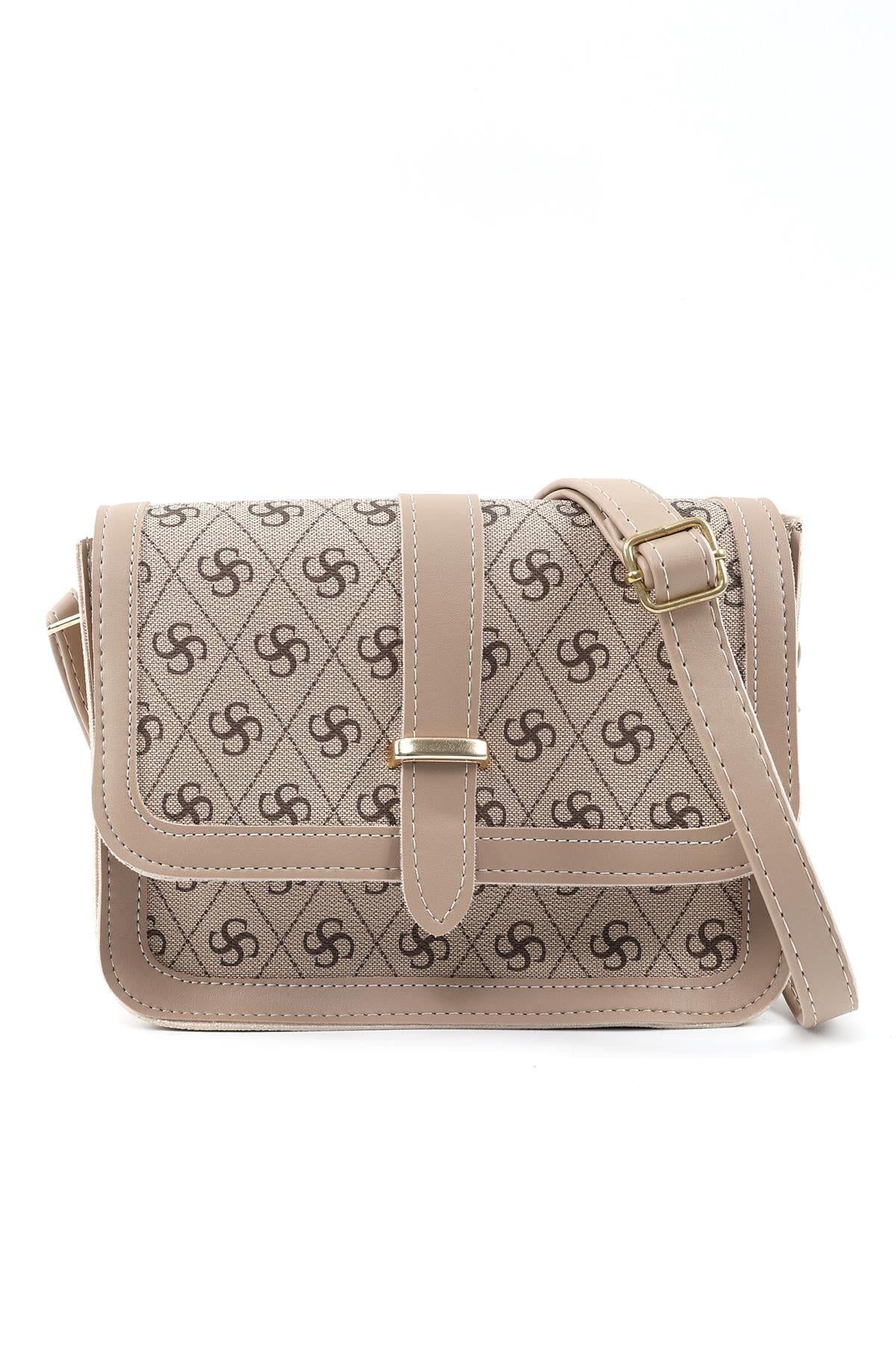 Monogram Baskılı Vizon Shk127 Suni Deri İç Fermuar Cepli Çıtçıt Kapamalı El,Kol ve Omuz Çantası