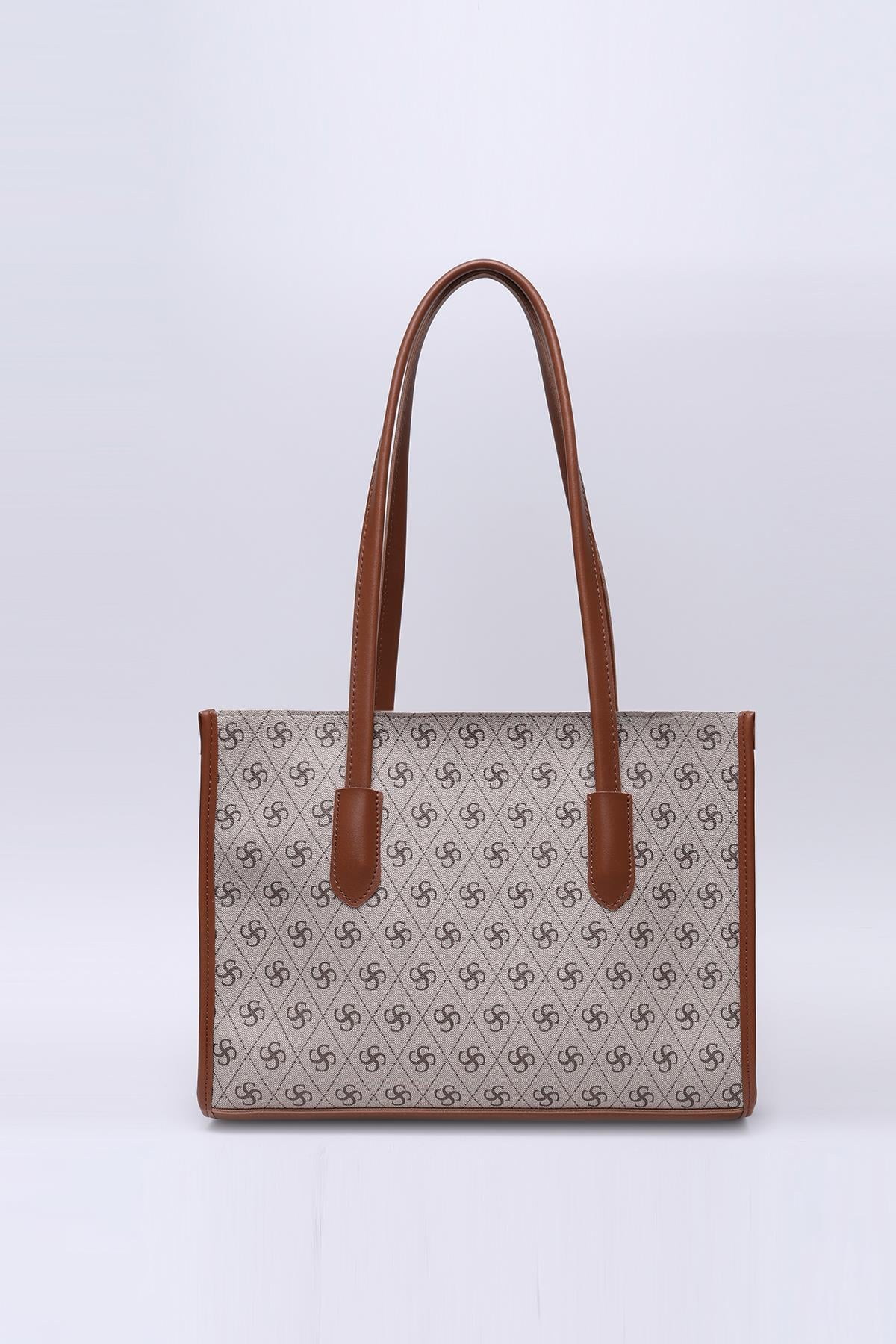 Monogram Baskılı Vizon Shk173 Suni Deri, Tek Bölmeli, Fermuarlı, Makyaj Çantalı El, Kol ve Omuz Çantası U:24 E:34 G:13 Cm