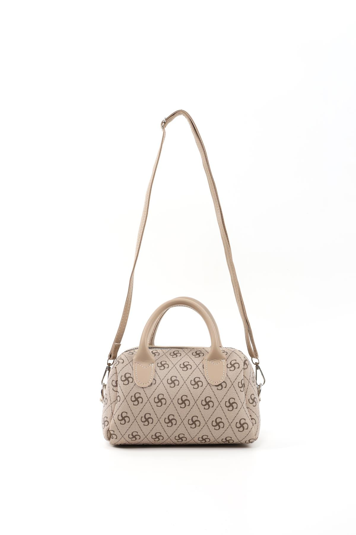 Monogram Baskılı Vizon Shk184 Suni Deri Tek Bölmeli Fermuarlı Ayarlanabilir Askılı El, Kol ve Omuz Çantası E:20 U:12 G:10 cm