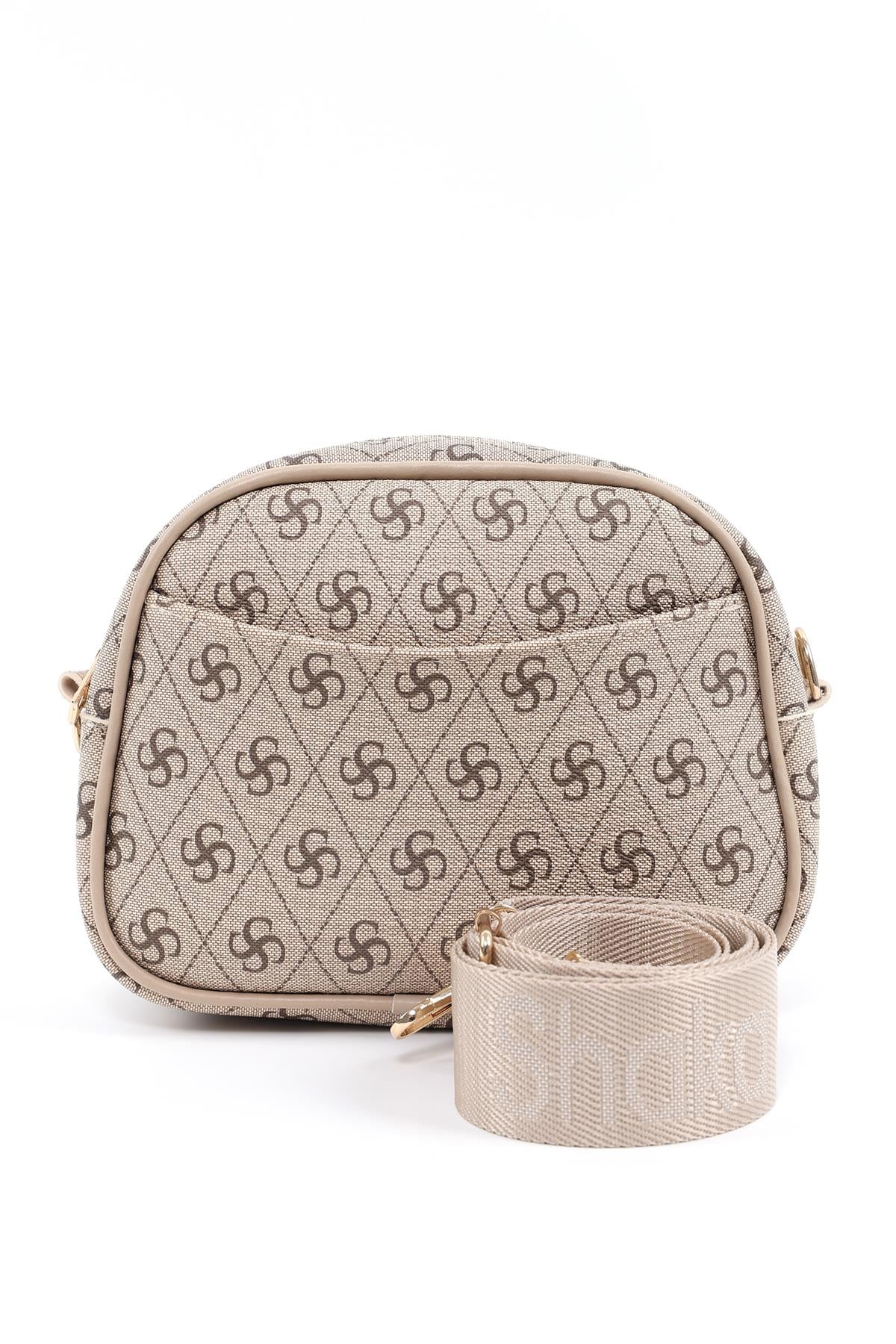Monogram Baskılı Vizon SHK194 Suni Deri 2 Bölmeli Fermuarlı Ayarlanabilir Kolon Askılı Omuz Çantası U:16 E:21 G:6 cm