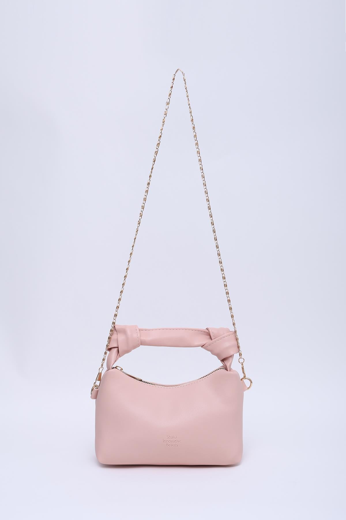 Pudra Shk24 Orjinal Soft Deri Düğüm Detaylı Zincir Askılı El ve Omuz Çantası U:14 E:22 G:8 cm