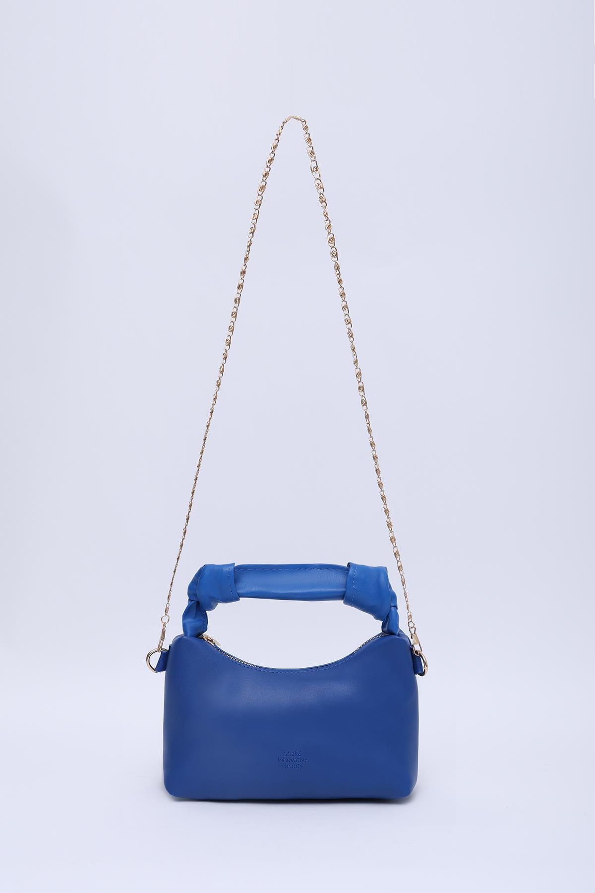 Saks Mavi Shk24 Orjinal Soft Deri Düğüm Detaylı Zincir Askılı El ve Omuz Çantası U:14 E:22 G:8 cm