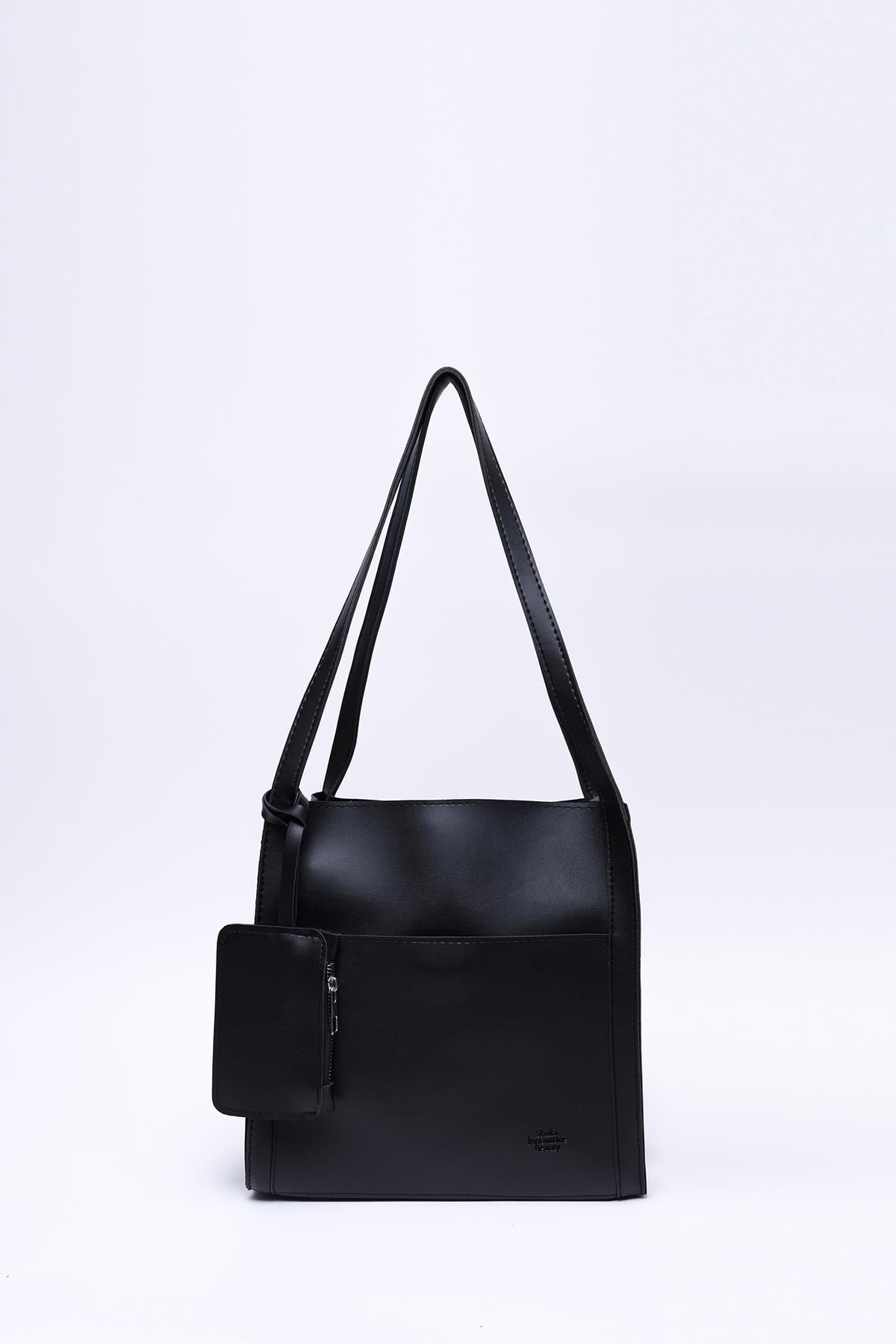 Siyah Shk123 Suni Deri, Çıtçıtlı, İki Bölmeli, Cüzdanlı, Makyaj Çantalı, Askılı, El, Kol ve Omuz Çantası U:27 E:27 G:14 cm
