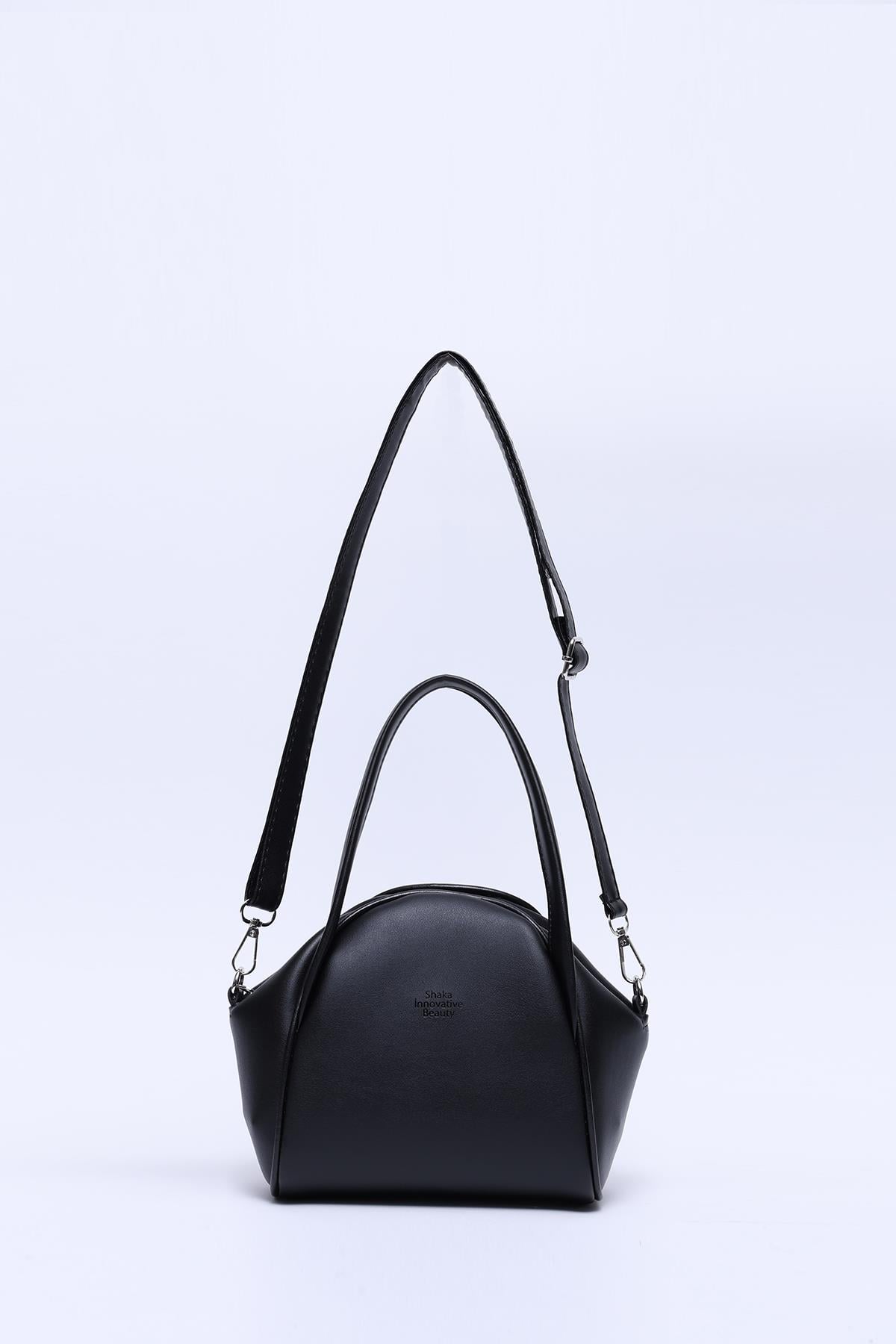 Siyah Shk132 Suni Deri Tek Bölmeli Çift Askılı El ve Çapraz Omuz Çantası U:16 E:17 G:10 cm