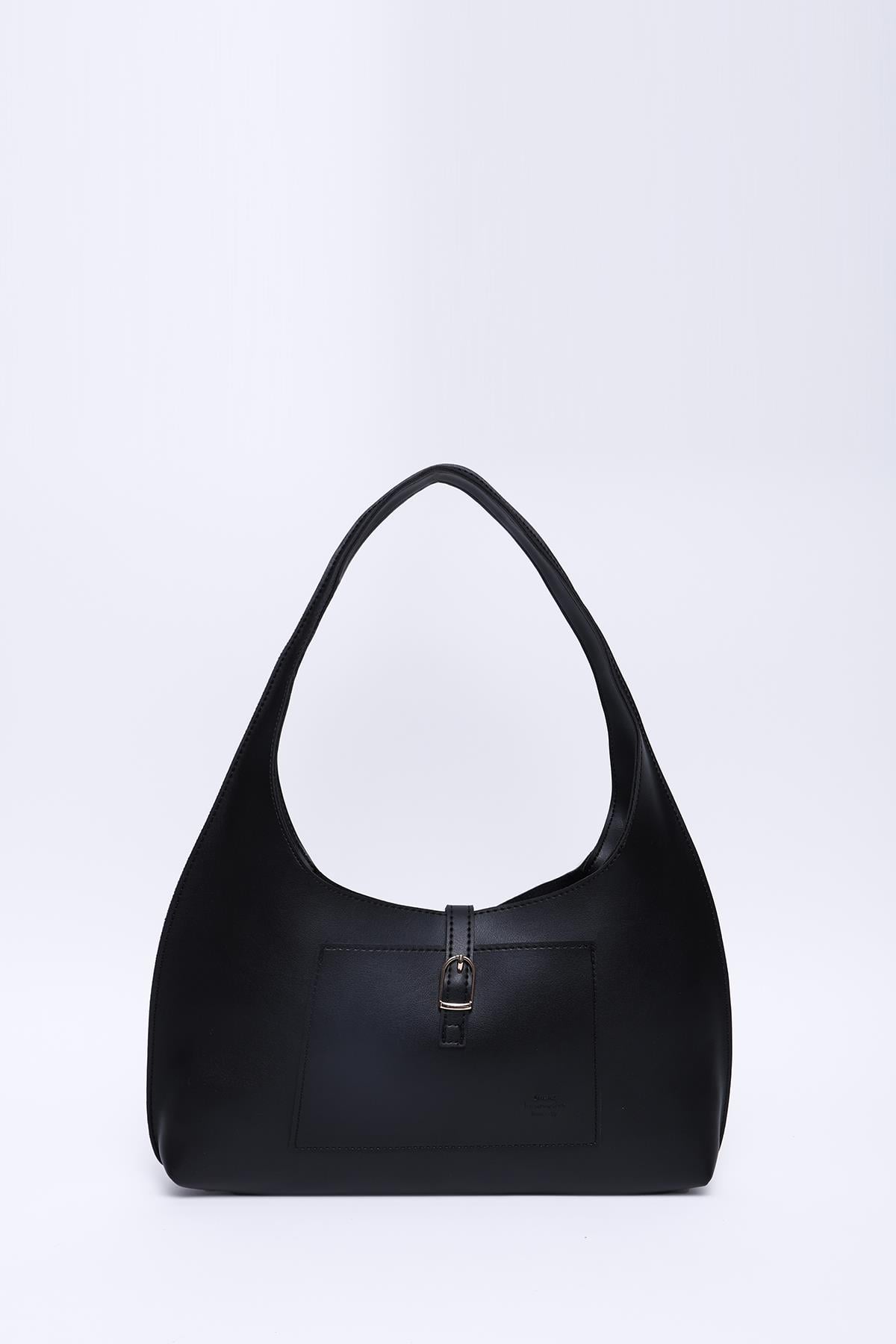 Siyah Shk142 Suni Deri İki Bölmeli Çıtçıtlı El, Kol Ve Omuz Çantası U:19 E:37 G:6 Cm