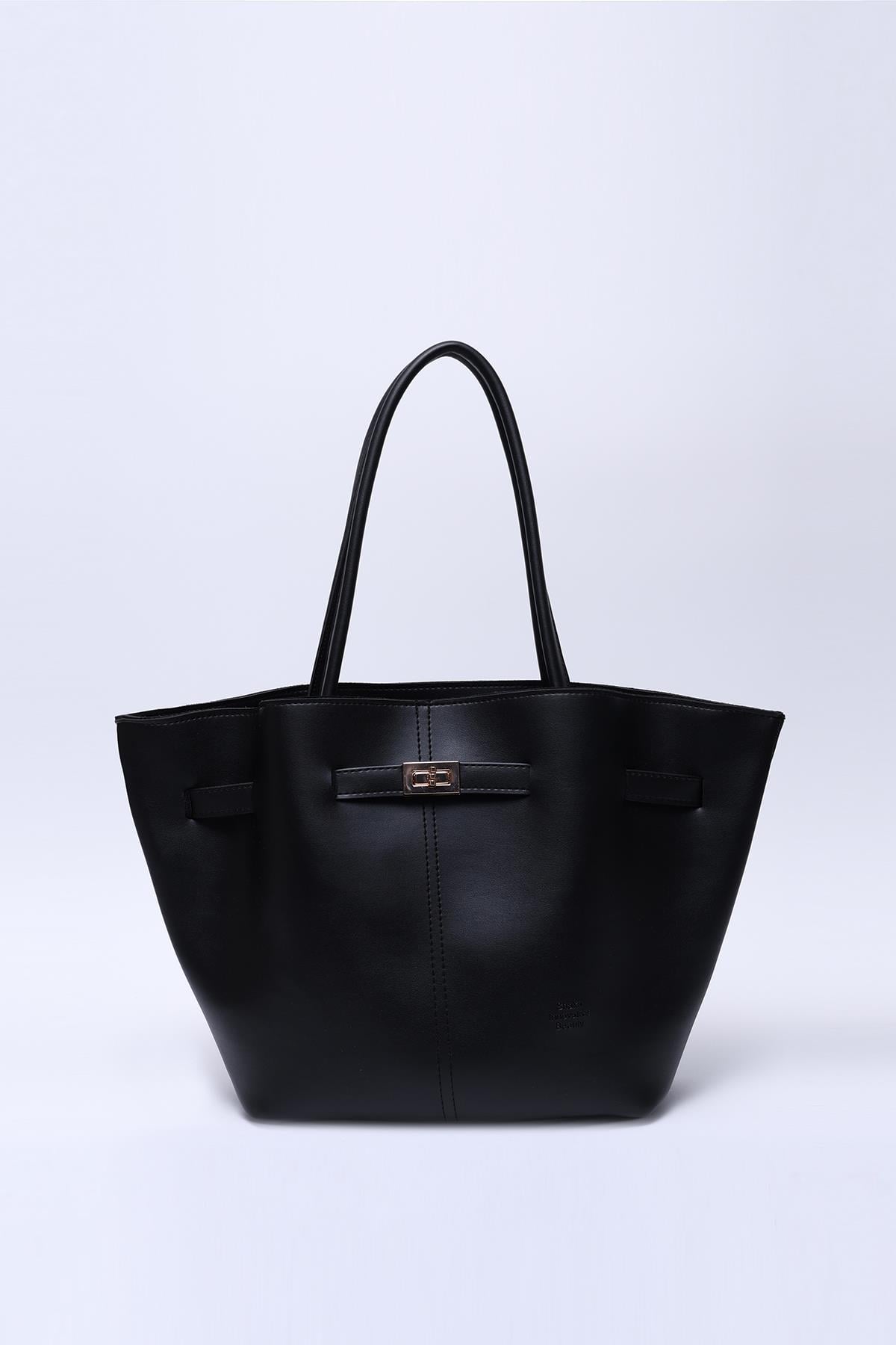 Siyah Shk159 Suni Deri, Astarlı, Çıtçıtlı, Kilit Detaylı El, Kol ve Omuz Çantası U:25 E:40 G:10 cm