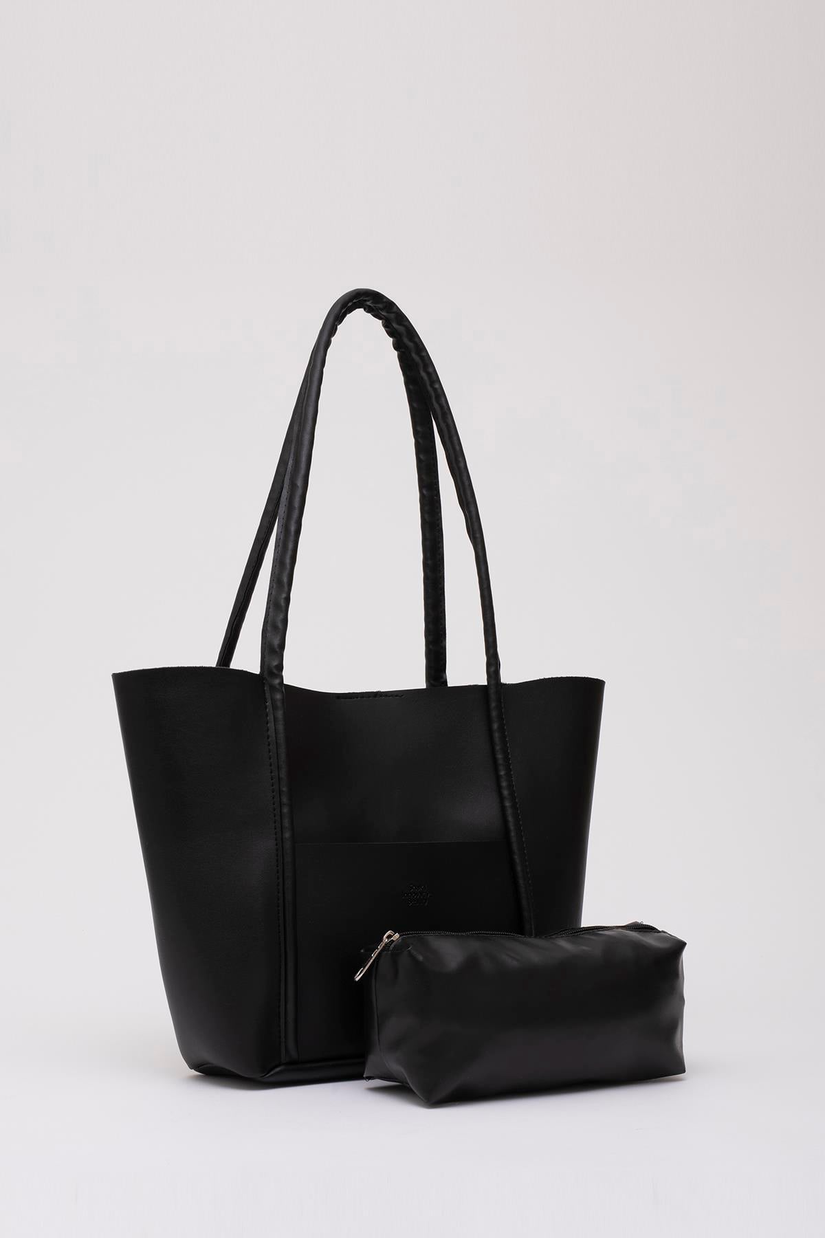 Siyah Shk80 Önü Cepli Çıtçıtlı Makyaj Çantalı Suni Deri Büyük Boy Kol ve Omuz Çantası U:26 E:40 G:8 cm
