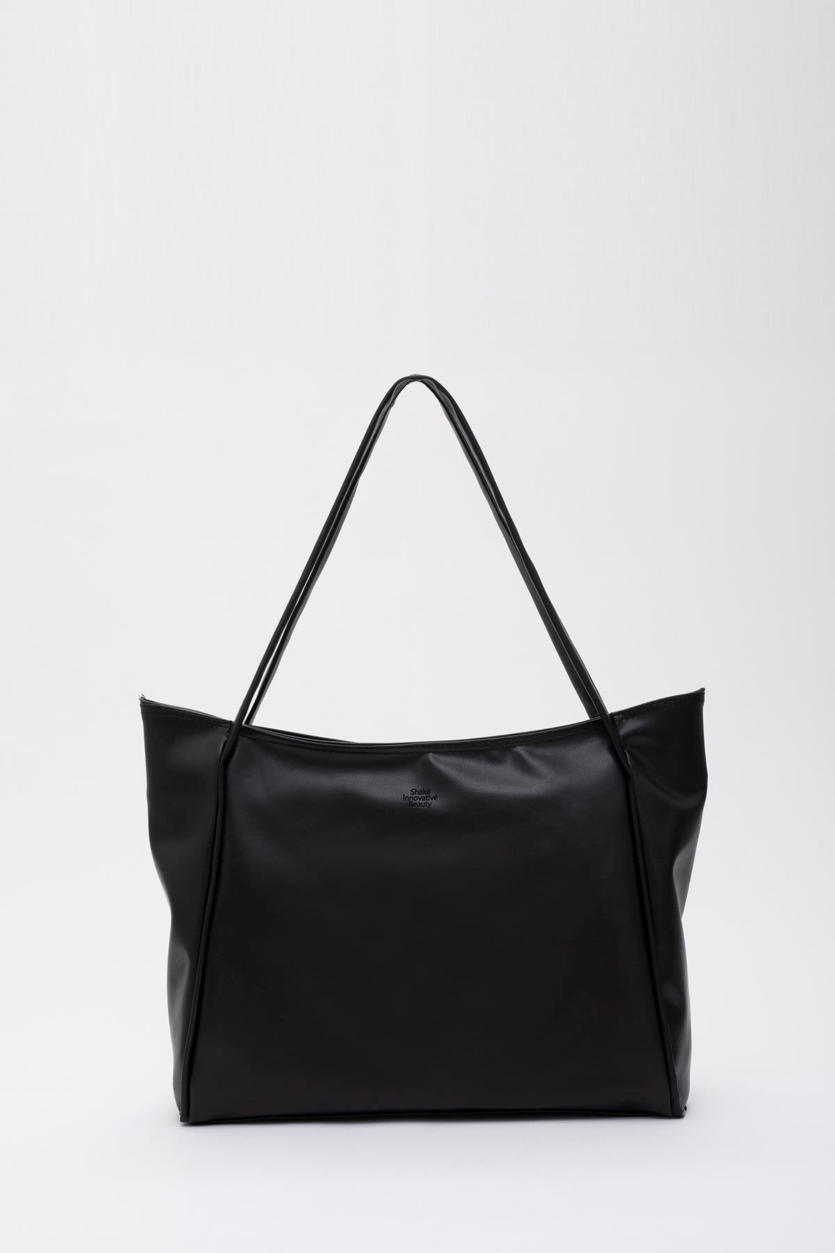 Siyah Shk90 Suni Deri İç Bölmeli Fermuarlı El, Kol Ve Omuz Shopper Çanta U:28 E:40 G:9