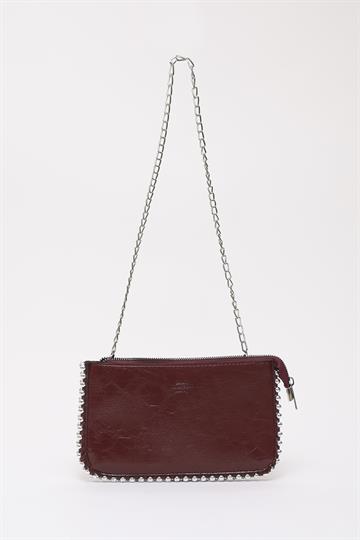 Bordo Shk182 Suni Deri 3 Bölmeli Boncuk Detaylı Fermuarlı Zincir Askılı El, Kol ve Omuz Çantası E:23 B:14 Cm