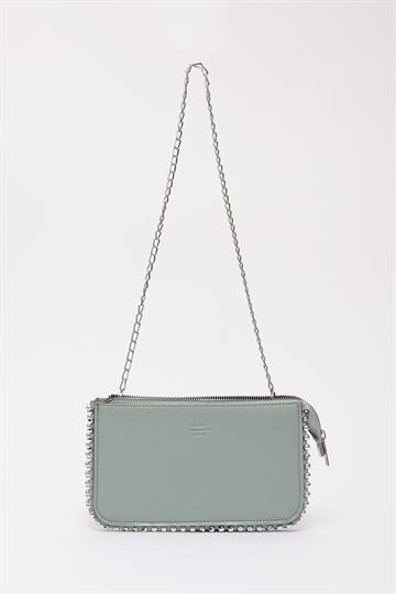 Mint Yeşil Shk182 Suni Deri 3 Bölmeli Boncuk Detaylı Fermuarlı Zincir Askılı El, Kol ve Omuz Çantası E:23 B:14 Cm