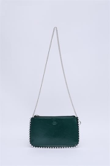PetrolYeşil SHK125 Suni Deri Boncuk Detaylı Fermuarlı Tek Bölmeli Zincir Askılı Omuz Çantası E:23 B:14 Cm