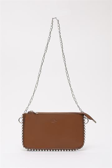 Taba SHK125 Suni Deri Boncuk Detaylı Fermuarlı Tek Bölmeli Zincir Askılı Omuz Çantası E:23 B:14 Cm