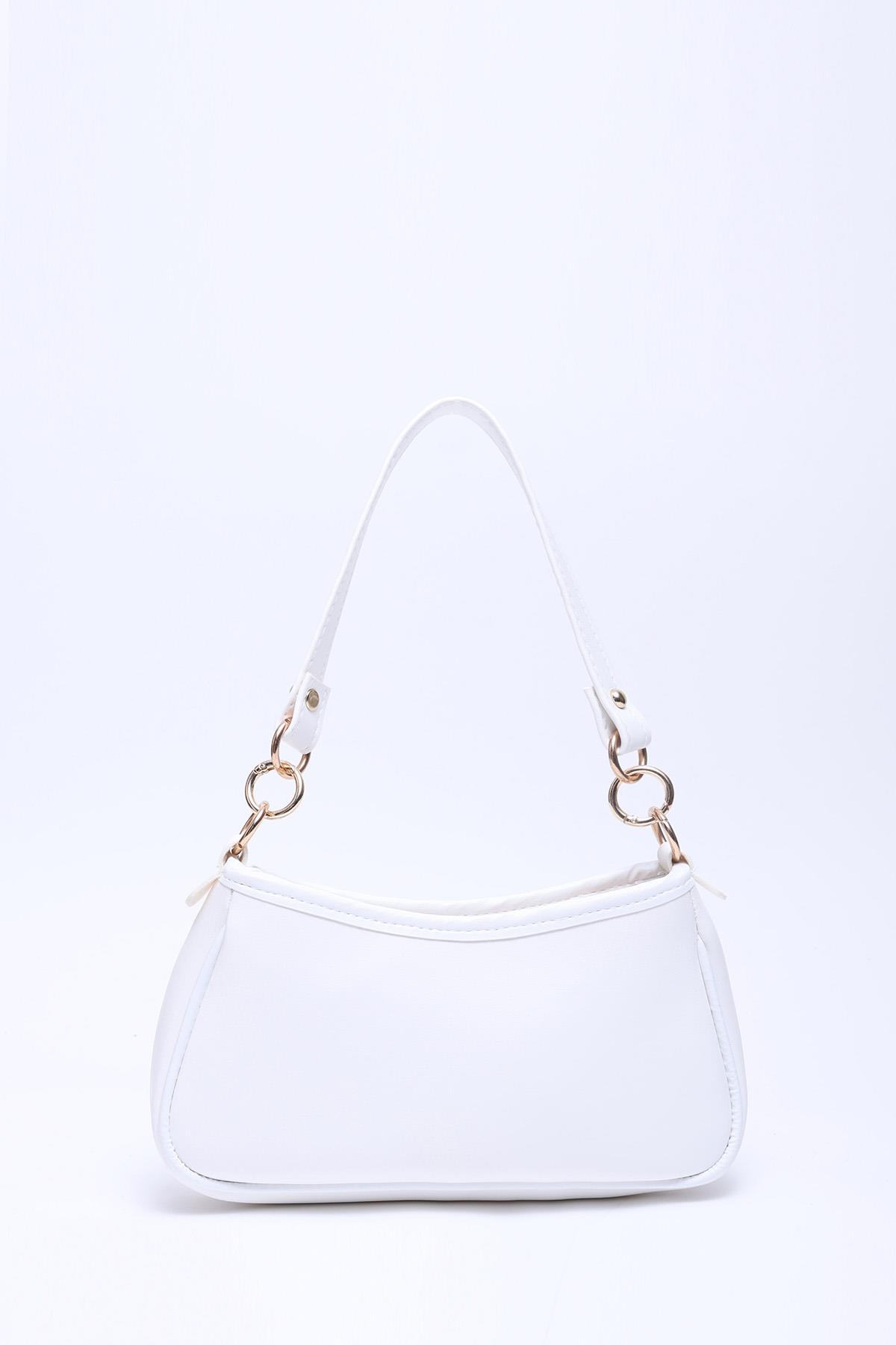 Beyaz Shk113 Suni Deri Astarlı Fermuarlı Ayarlanabilir Askılı El, Kol ve Omuz Çantası U:13 E:23 G:6 cm