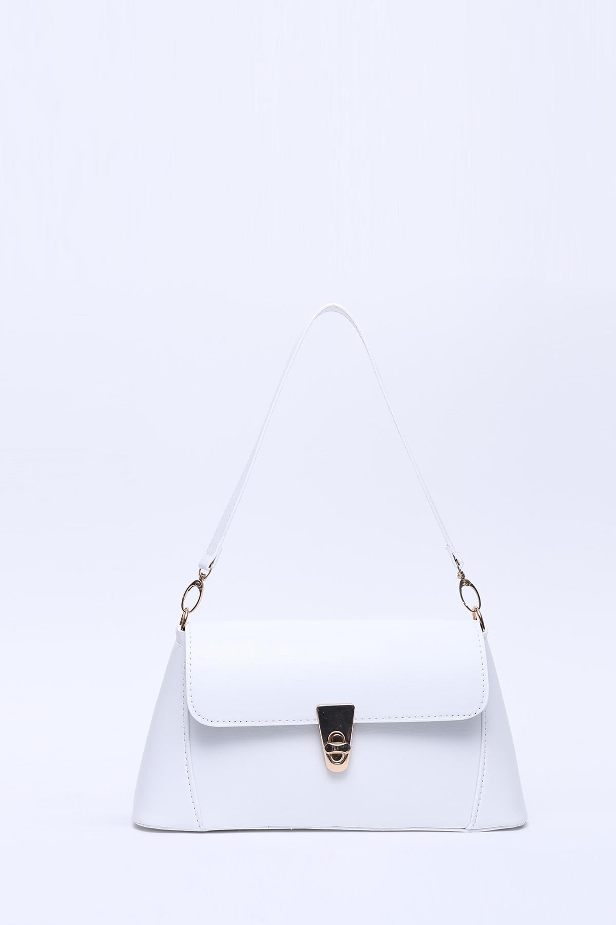 Beyaz Shk153 Suni Deri Kilit Detaylı Standart Askılı Tek Bölmeli El, Kol ve Omuz Çantası U:15 E:29 G:9 cm