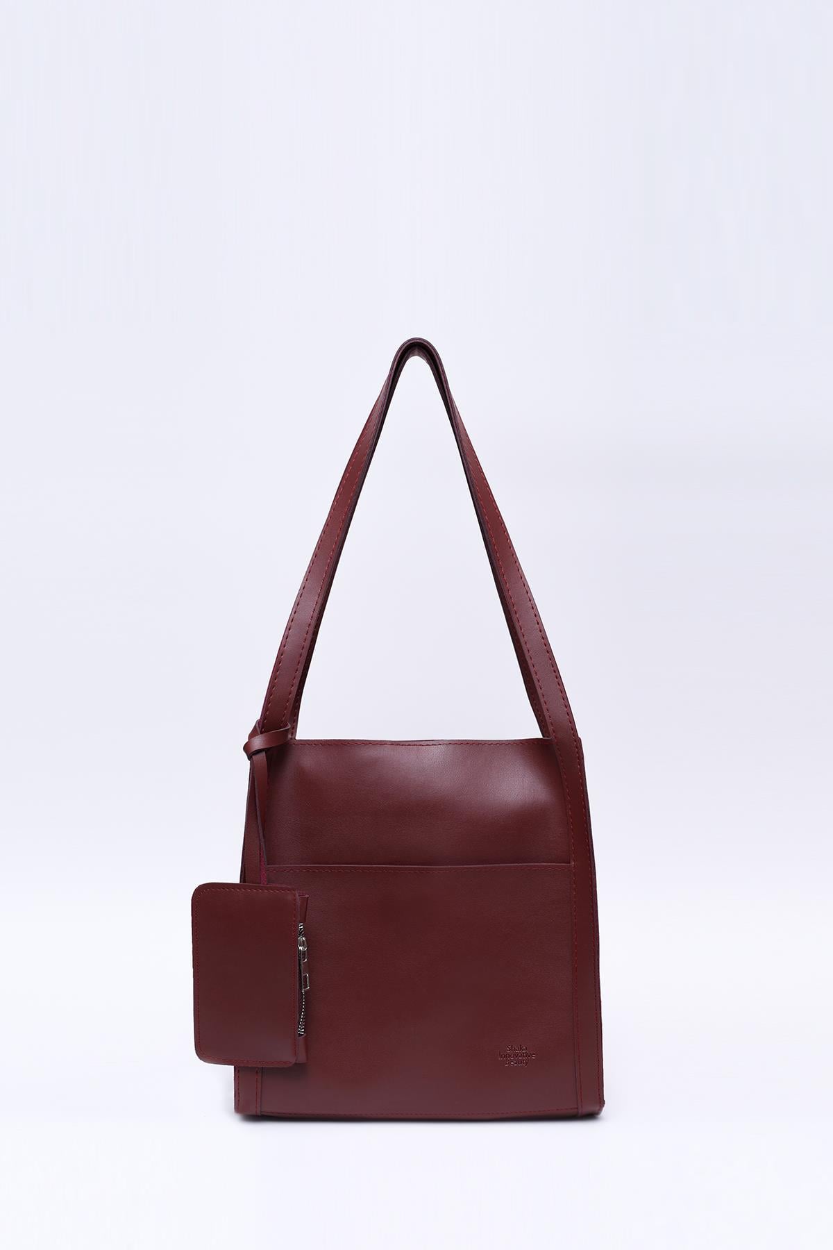 Bordo Shk123 Suni Deri, Çıtçıtlı, İki Bölmeli, Cüzdanlı, Makyaj Çantalı, Askılı, El, Kol ve Omuz Çantası U:27 E:27 G:14 cm