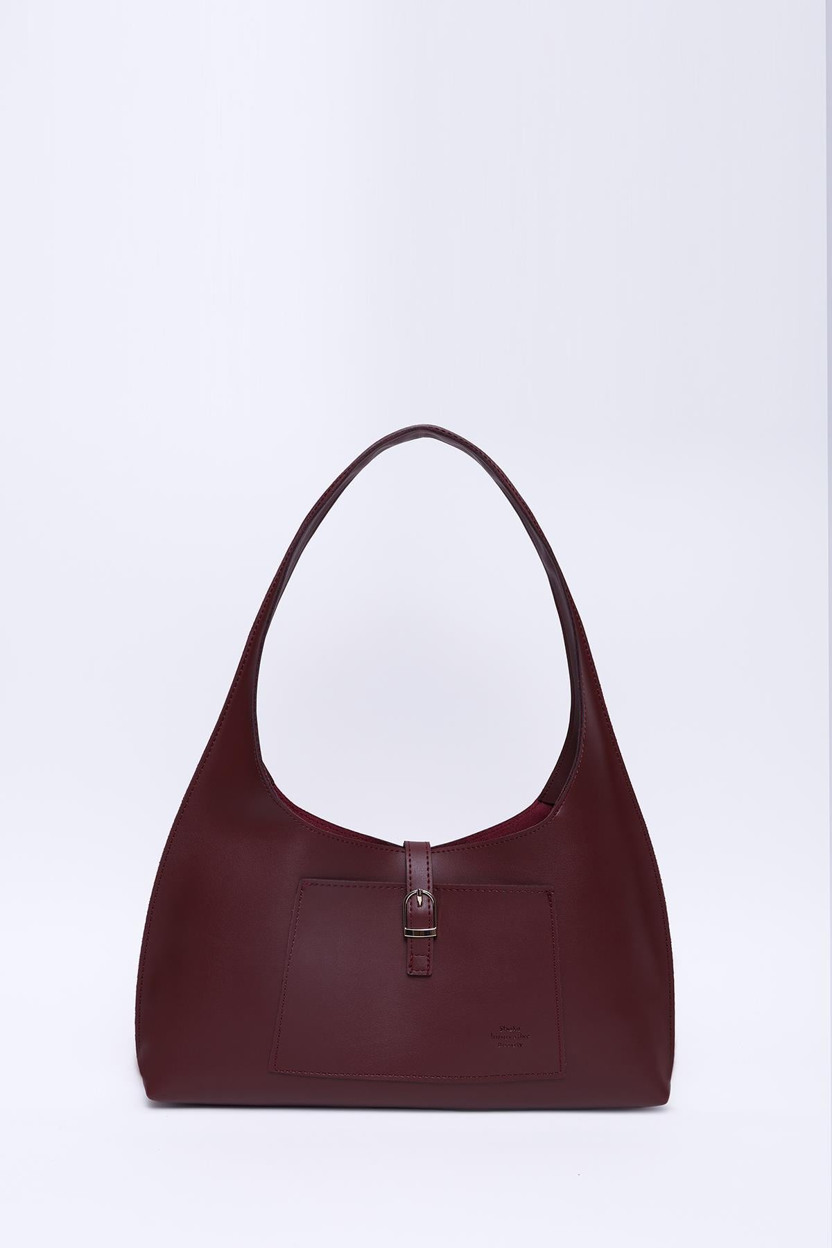 Bordo Shk142 Suni Deri İki Bölmeli Çıtçıtlı El, Kol Ve Omuz Çantası U:19 E:37 G:6 Cm