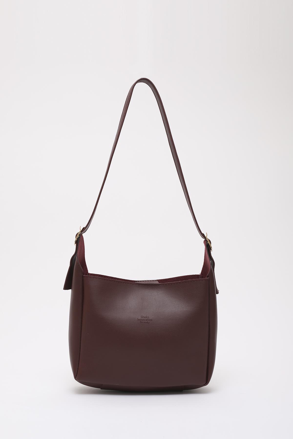 Bordo Shk158 Suni Deri Tek Bölmeli Askılı Çıtçıtlı Çapraz Kol ve Omuz Çantası U:19 E:22 G:9 cm