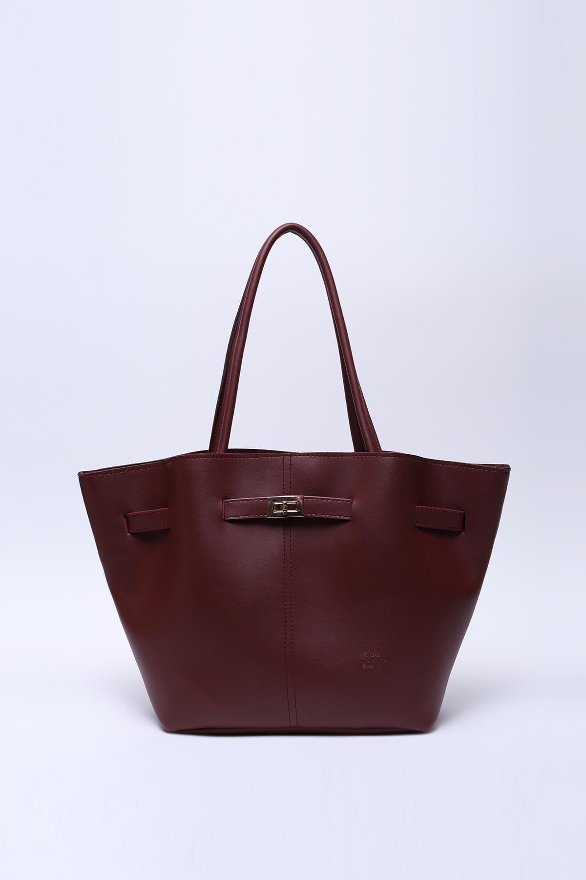 Bordo Shk159 Suni Deri, Astarlı, Çıtçıtlı, Kilit Detaylı El, Kol ve Omuz Çantası U:25 E:40 G:10 cm